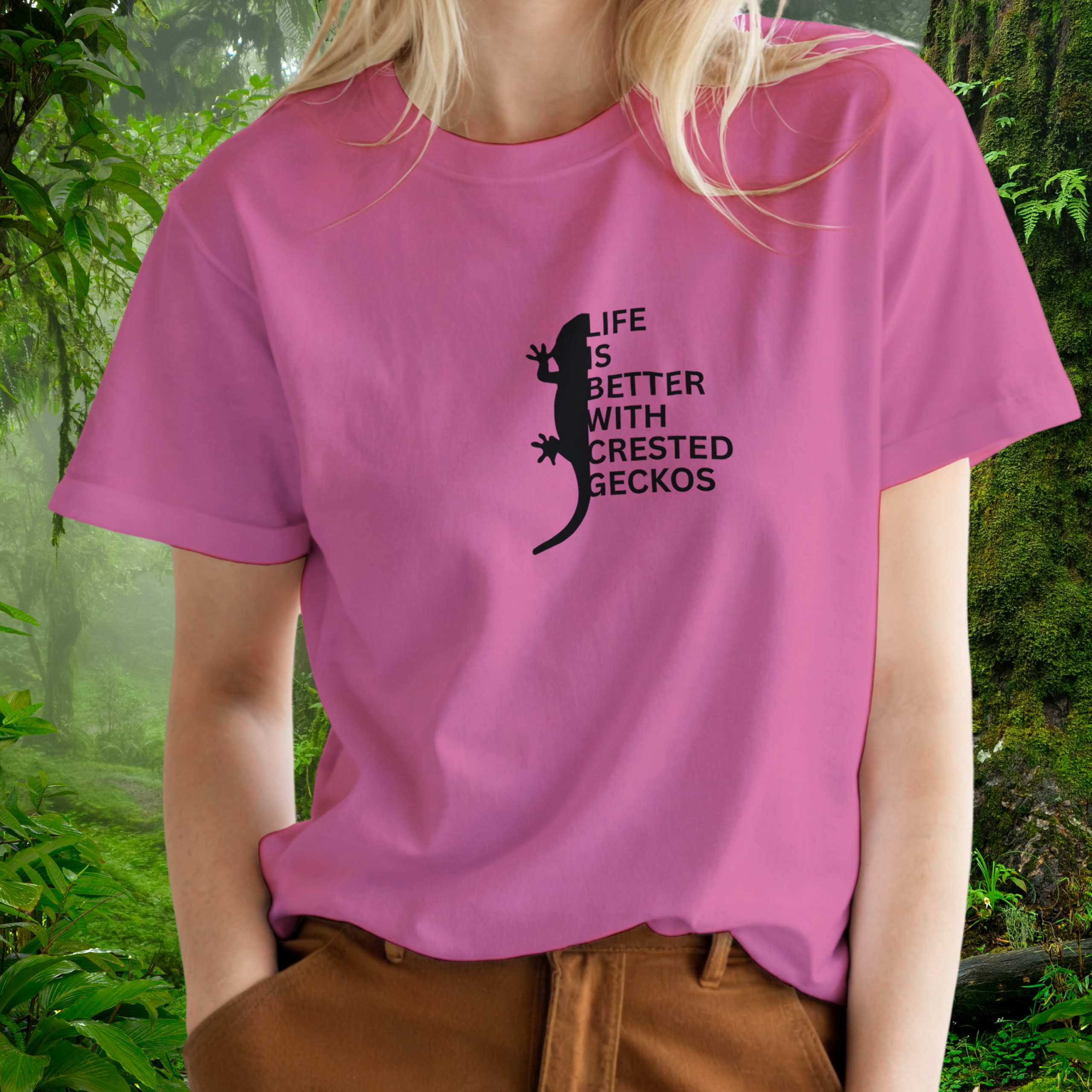 Woman wearing an azalea Crested Gecko shirt from the Life is better Collection
