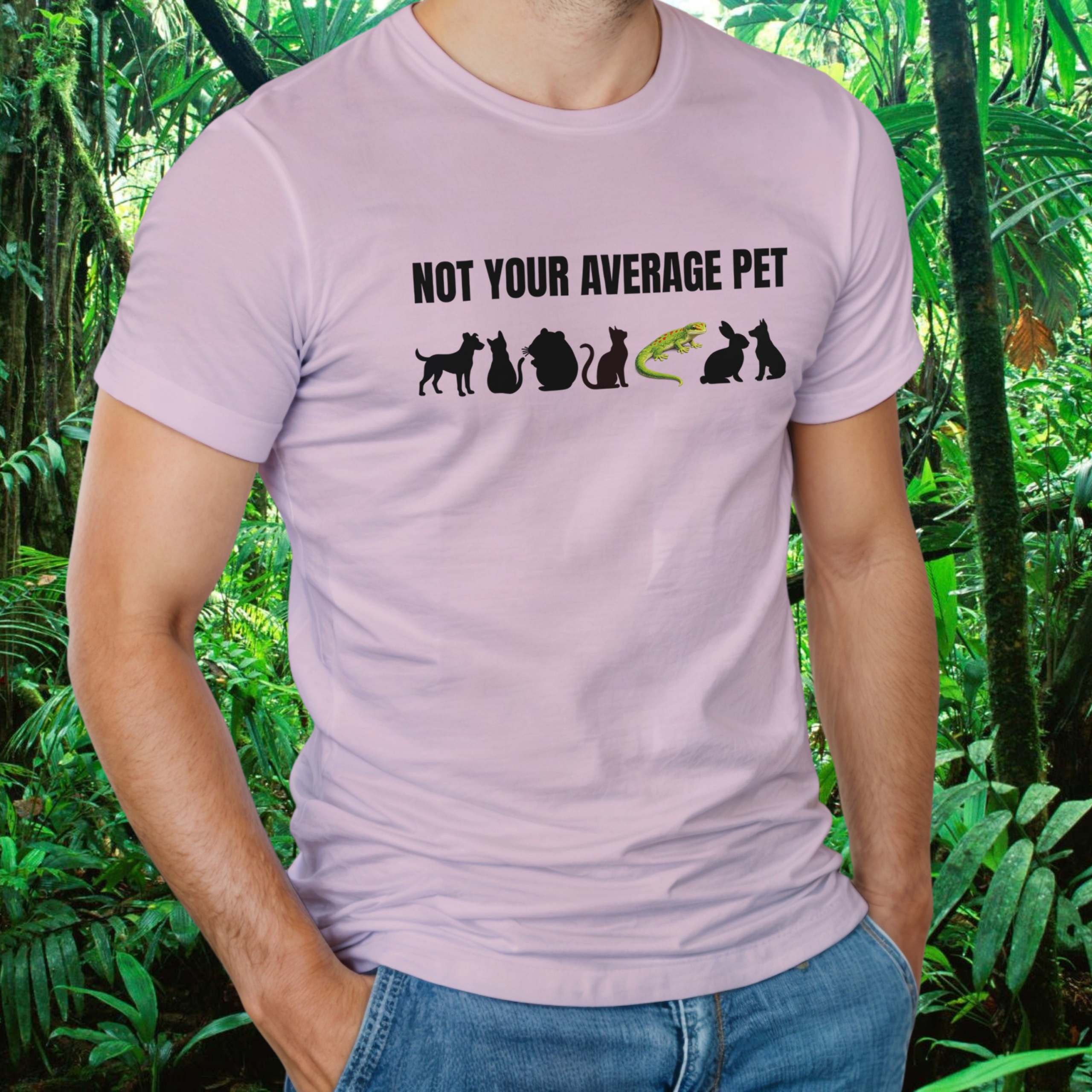 Man wearing a light pink Not Your Average Pet Gecko shirt