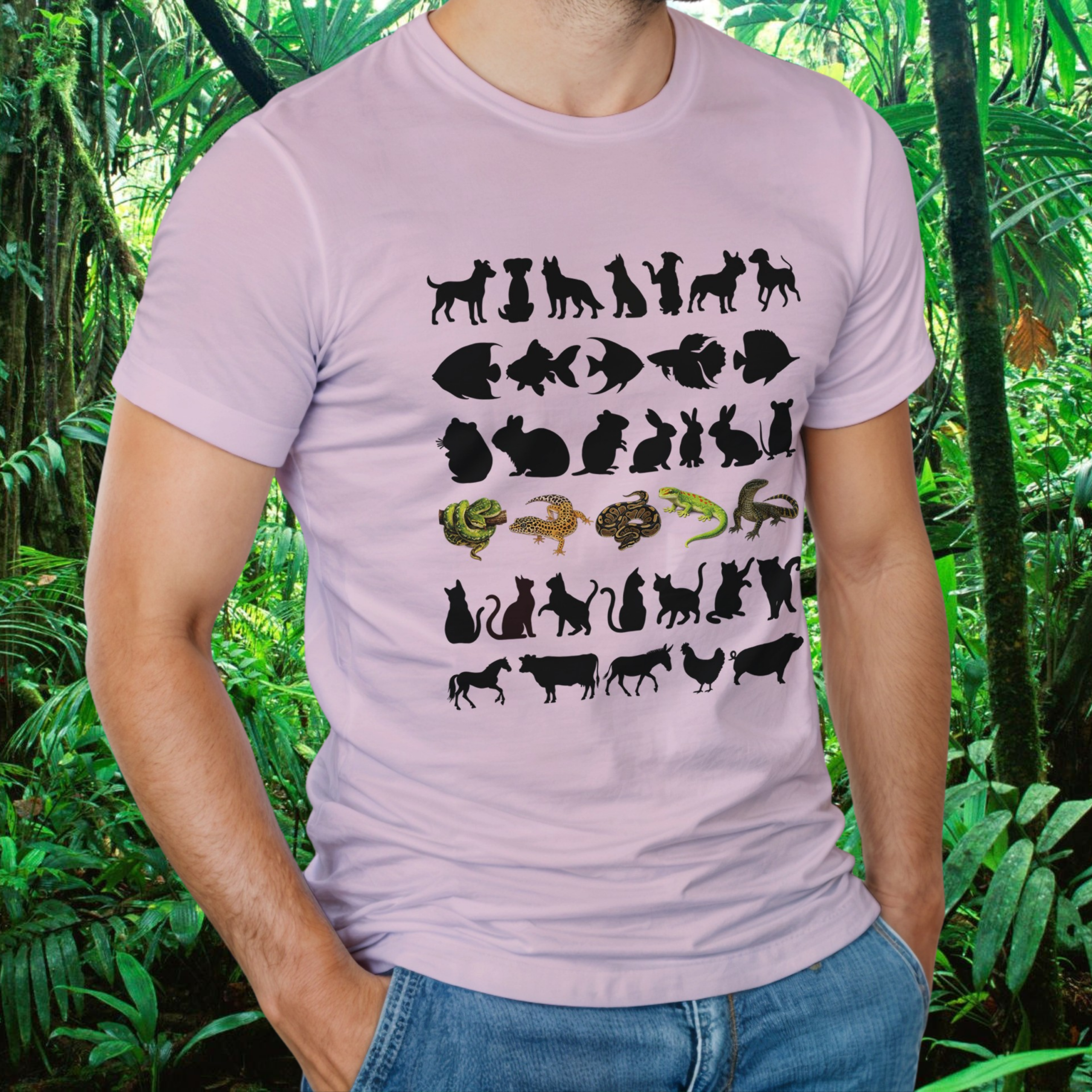 Man wearing a light pink Not Your Average Pet shirt with animal design