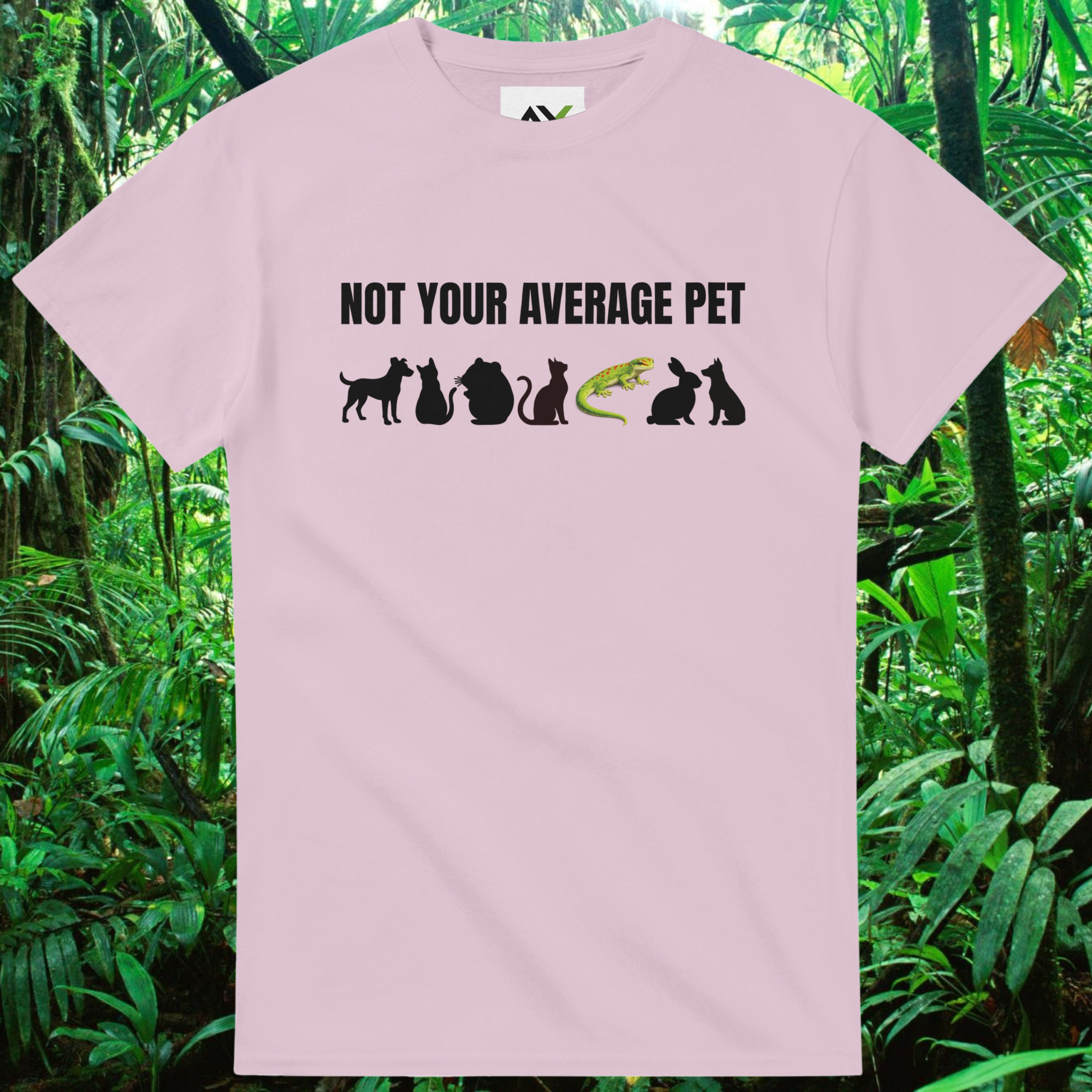 Light pink Not Your Average Pet Gecko shirt with colorful gecko design