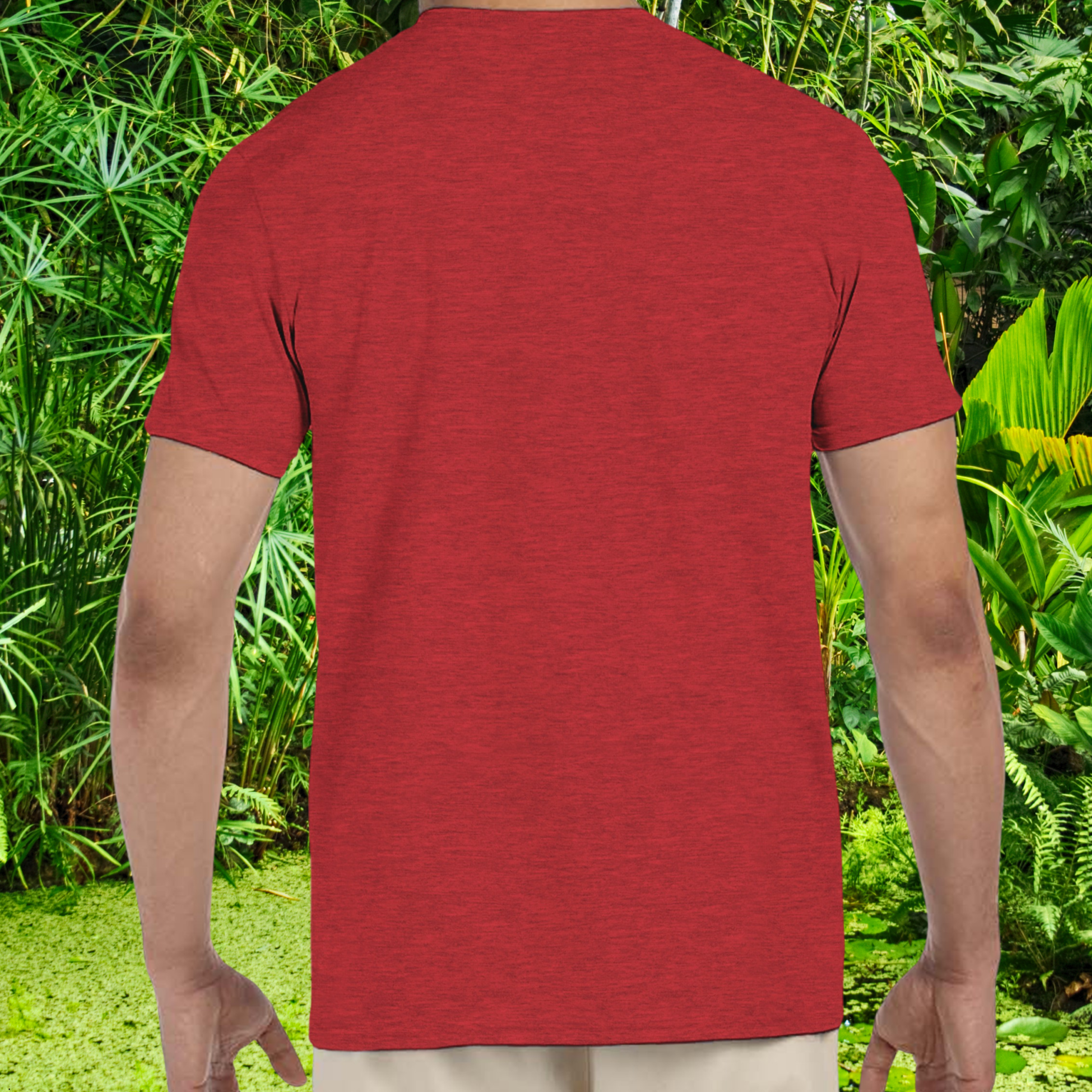 Back view of the heather red Reptile shirt from the Life is better Collection