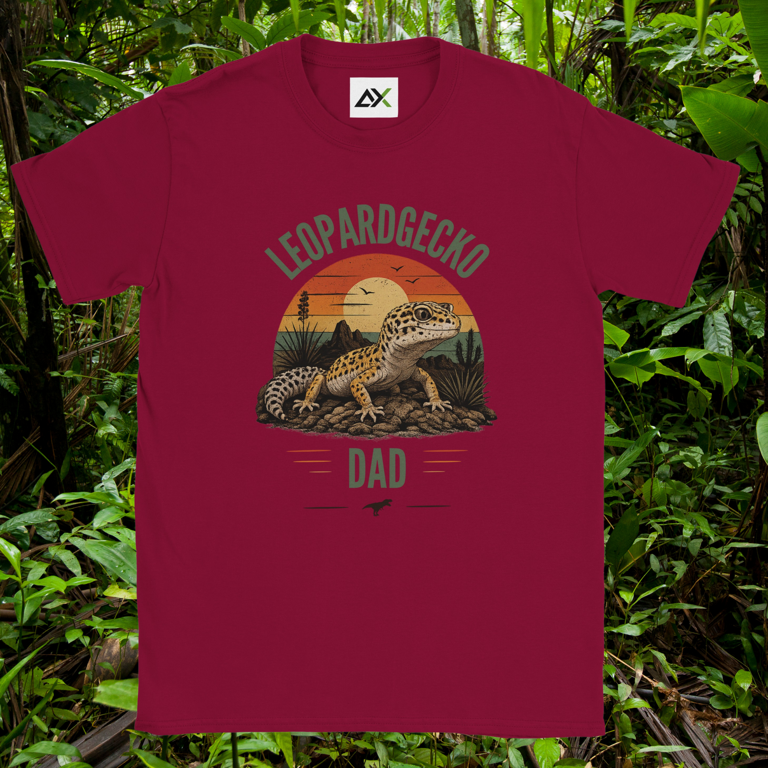 Cardinal red Leopard Gecko Dad shirt with retro sunset design