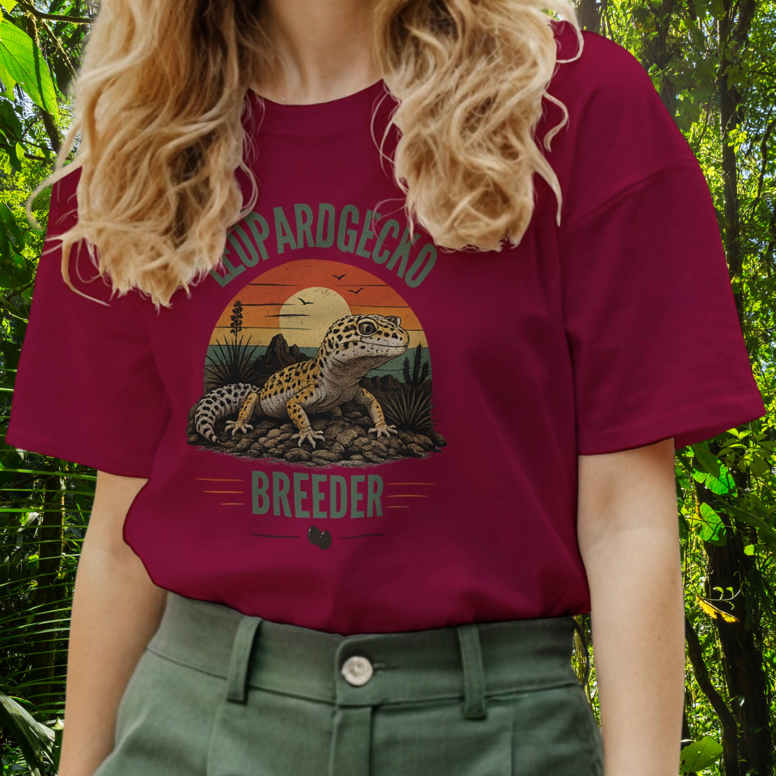 Woman wearing a cardinal red Leopard Gecko Breeder shirt