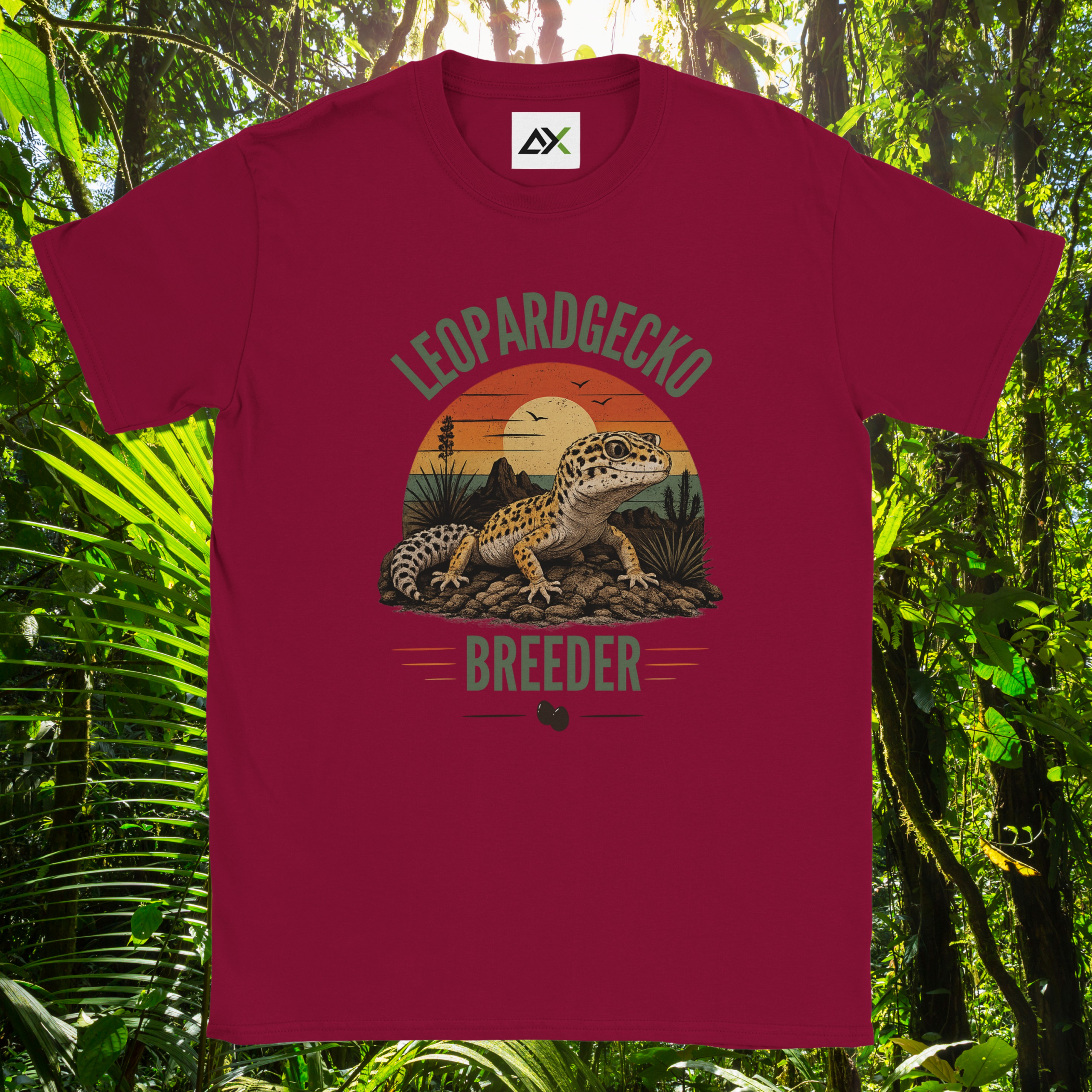 Cardinal red Leopard Gecko Breeder shirt with retro sunset design