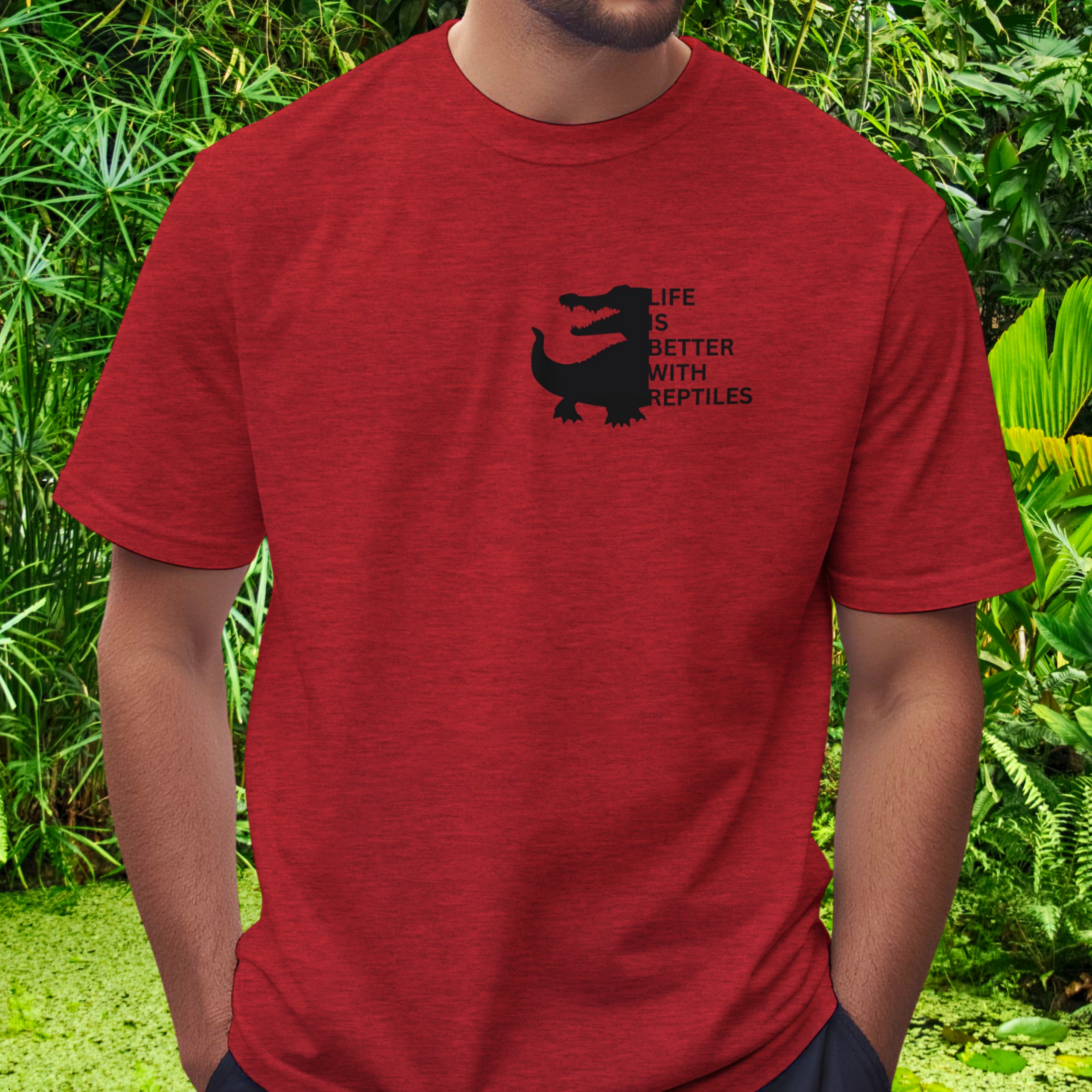 Man wearing a heather red Reptile shirt from the Life is better Collection