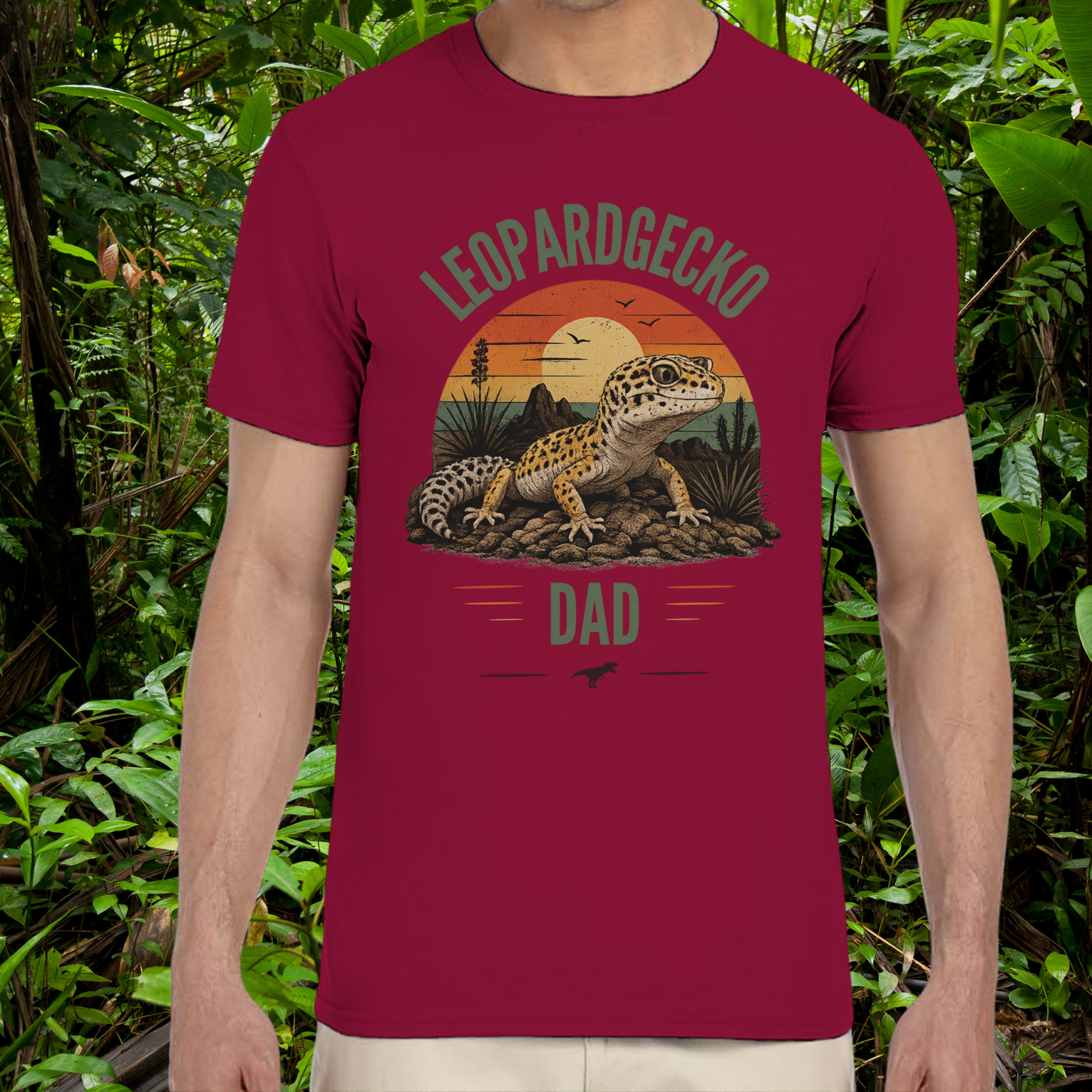 Man wearing a cardinal red Leopard Gecko Dad shirt