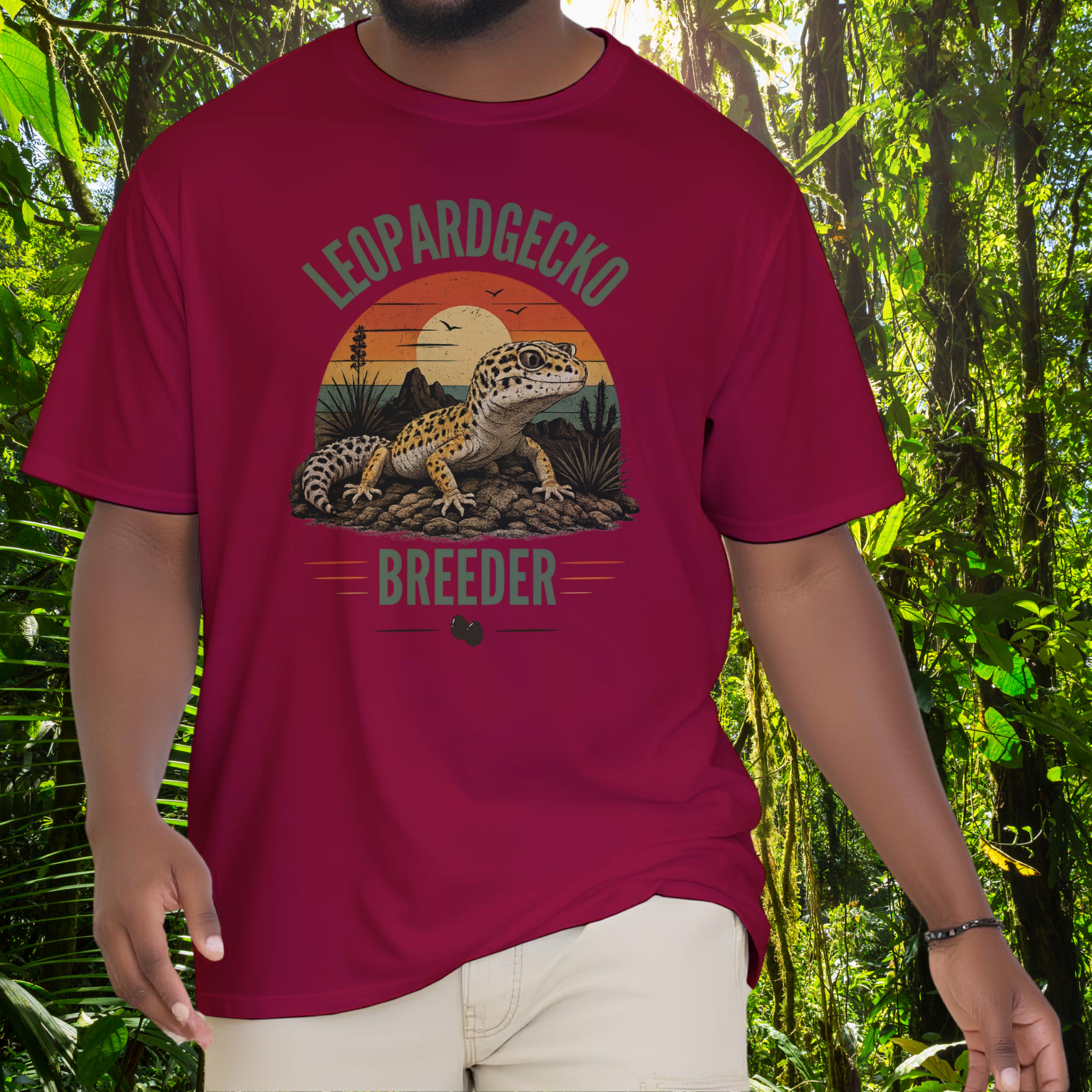Man wearing a cardinal red Leopard Gecko Breeder shirt