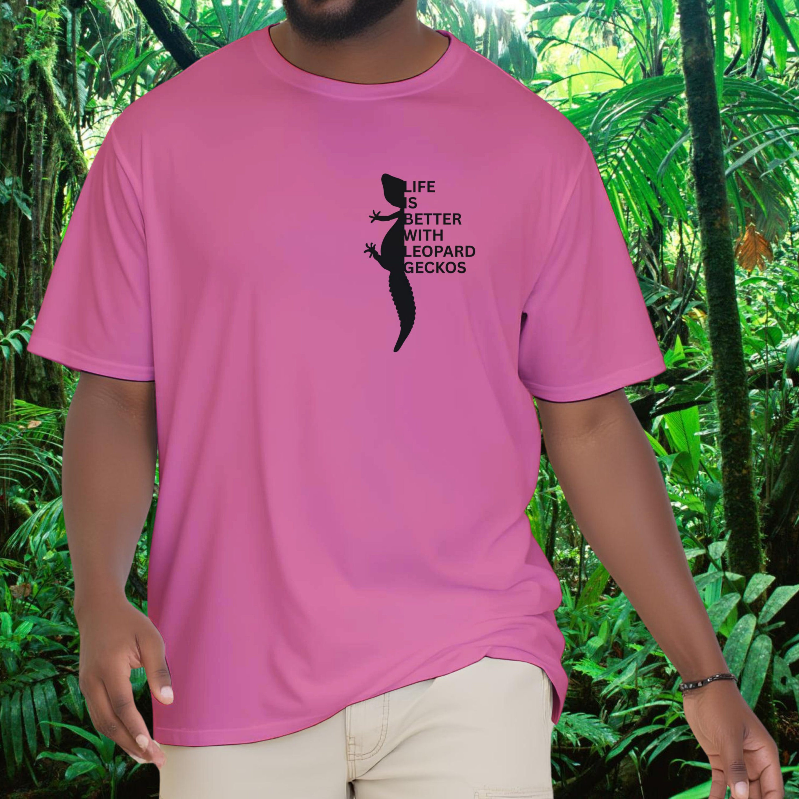 Man wearing an azalea Leopard Gecko shirt from the Life is better Collection
