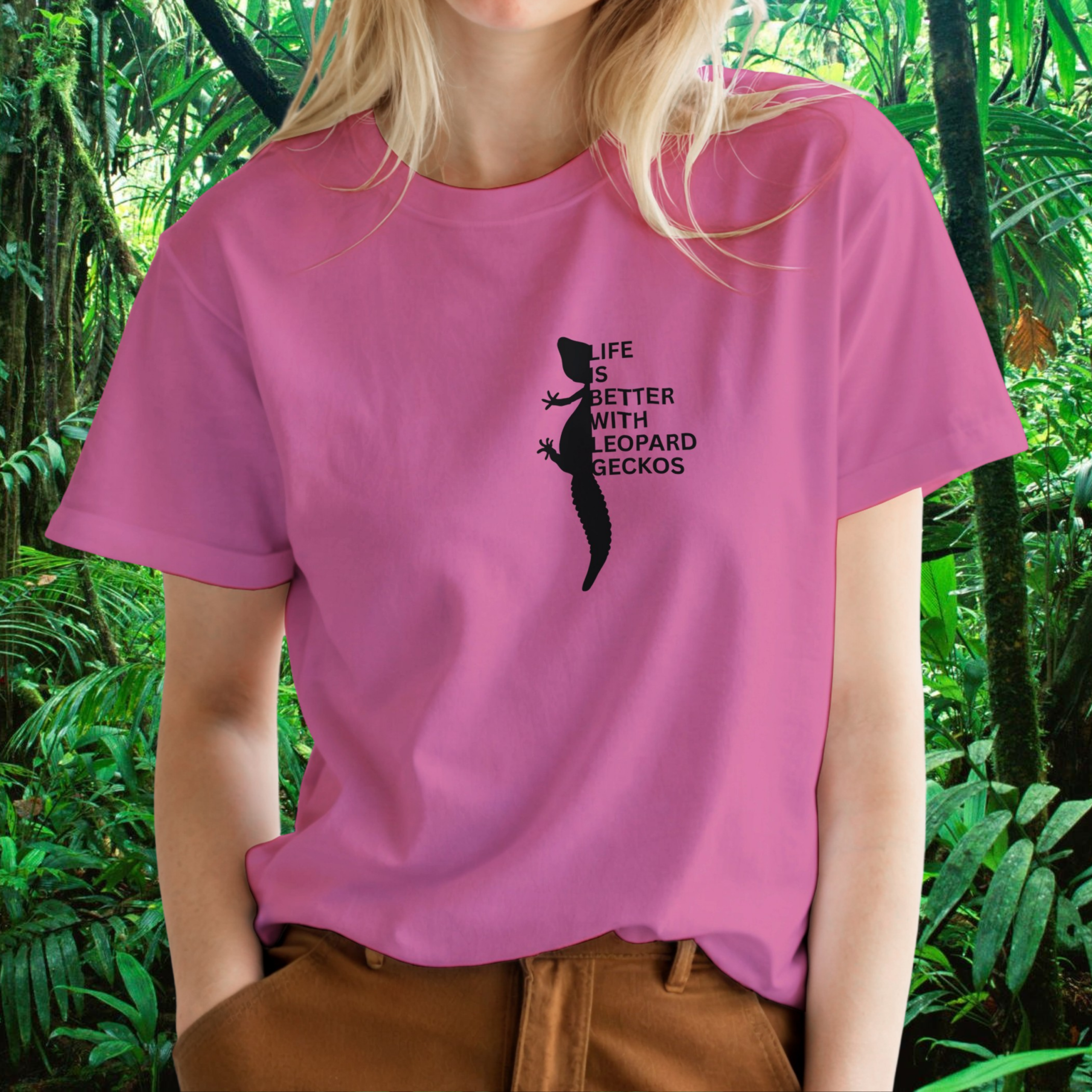Woman wearing an azalea Leopard Gecko shirt from the Life is better Collection