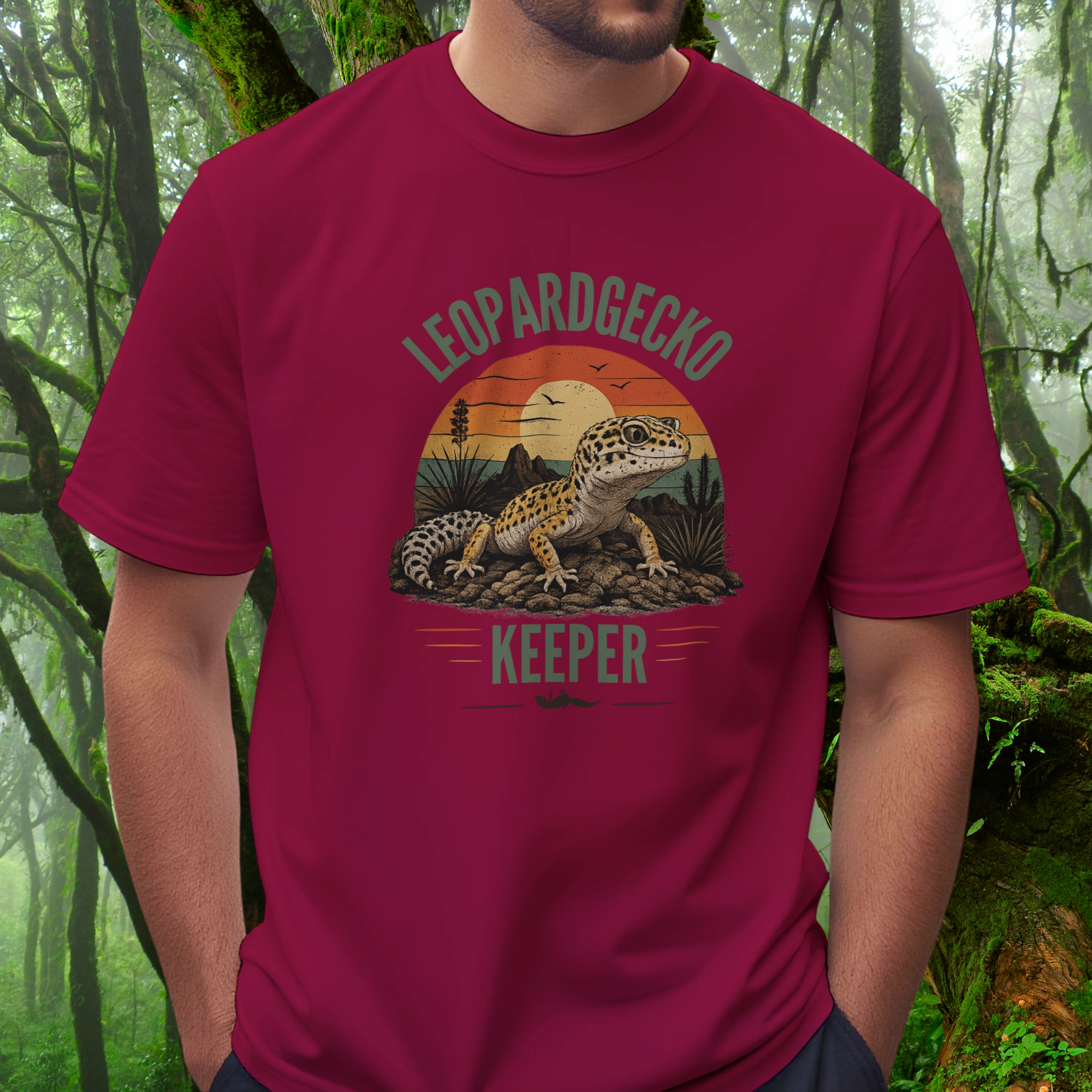 Man wearing a cardinal red Leopard Gecko Keeper shirt