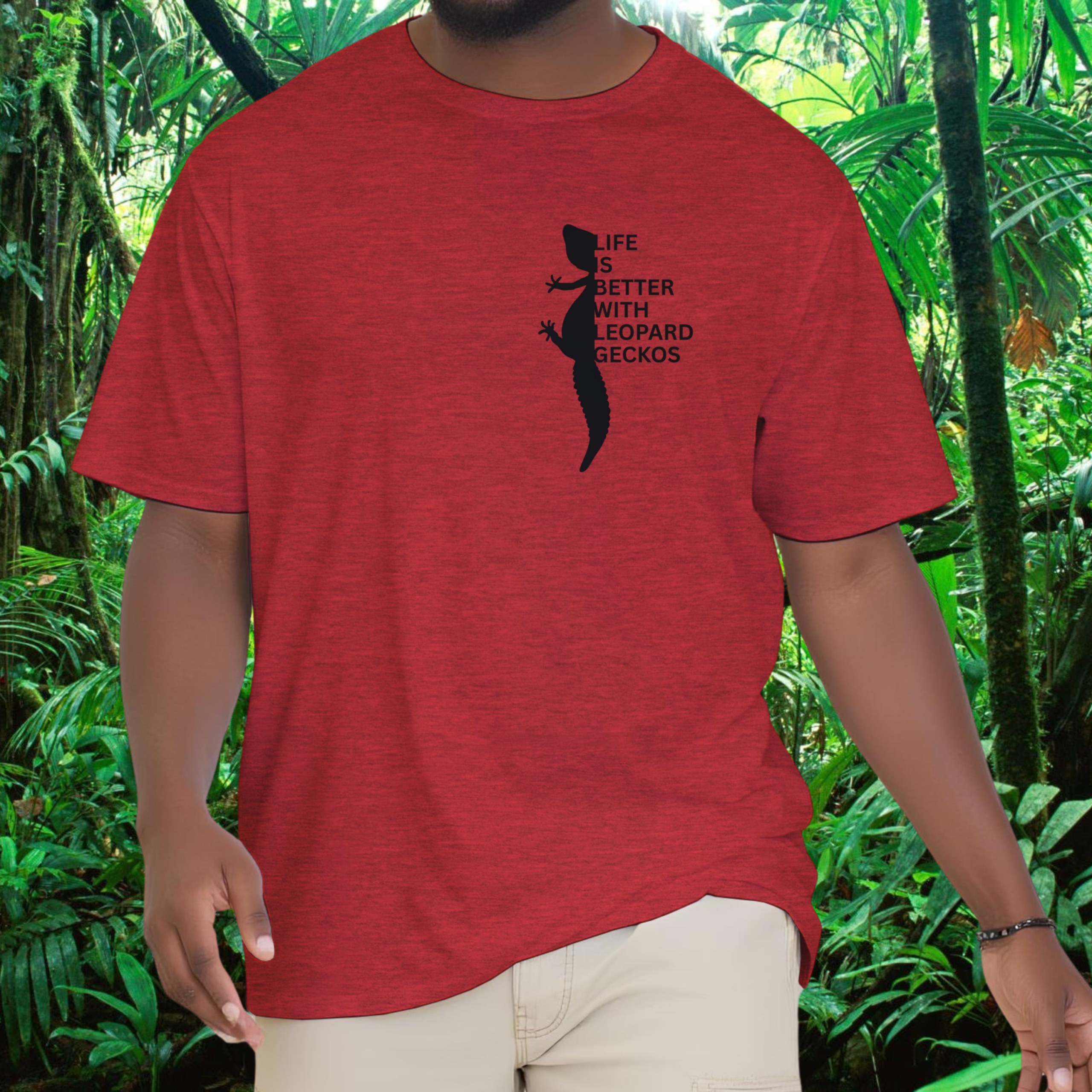 Man wearing a heather red Leopard Gecko shirt from the Life is better Collection