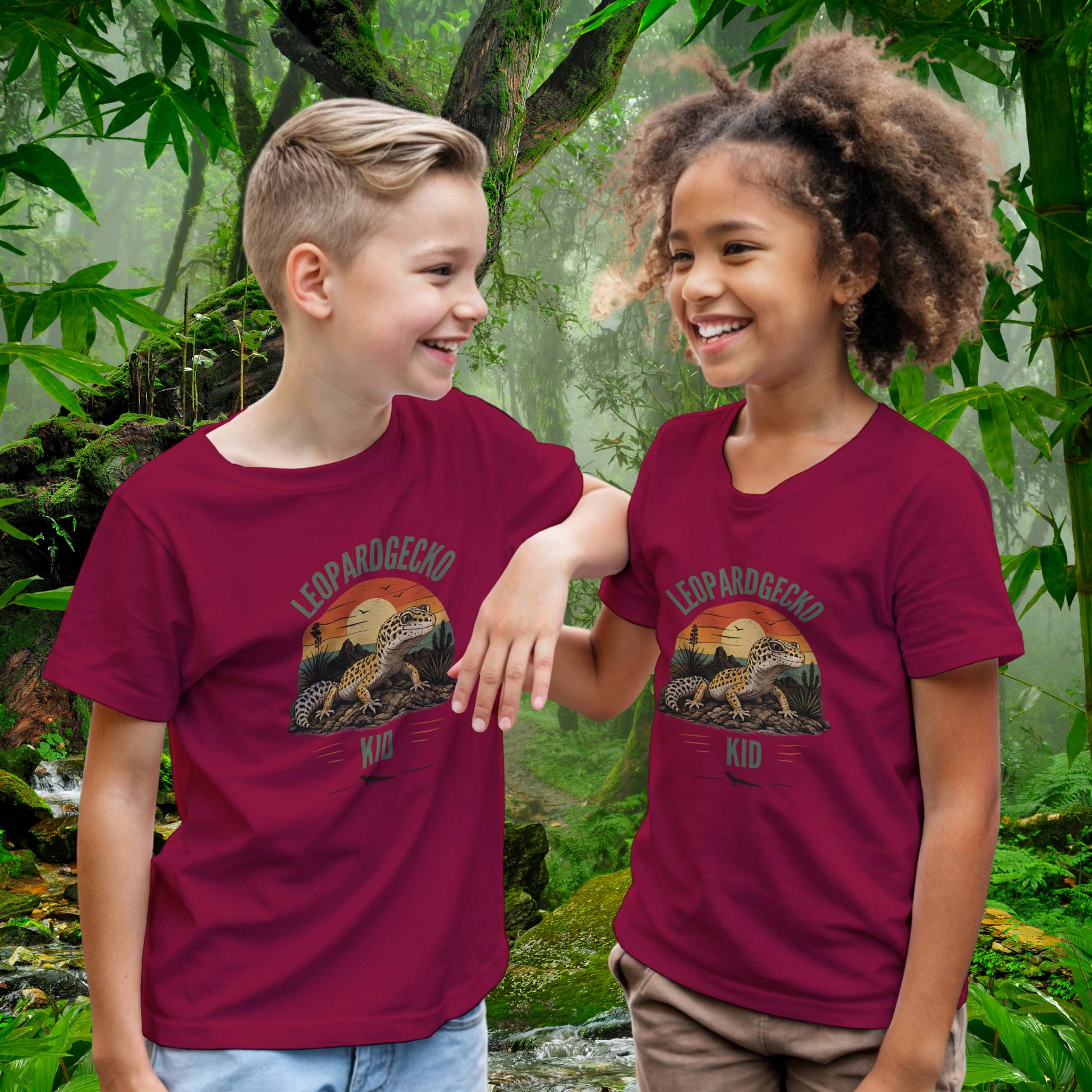 Children wearing Cardinal Red Leopard Gecko KID shirts by Aurexico