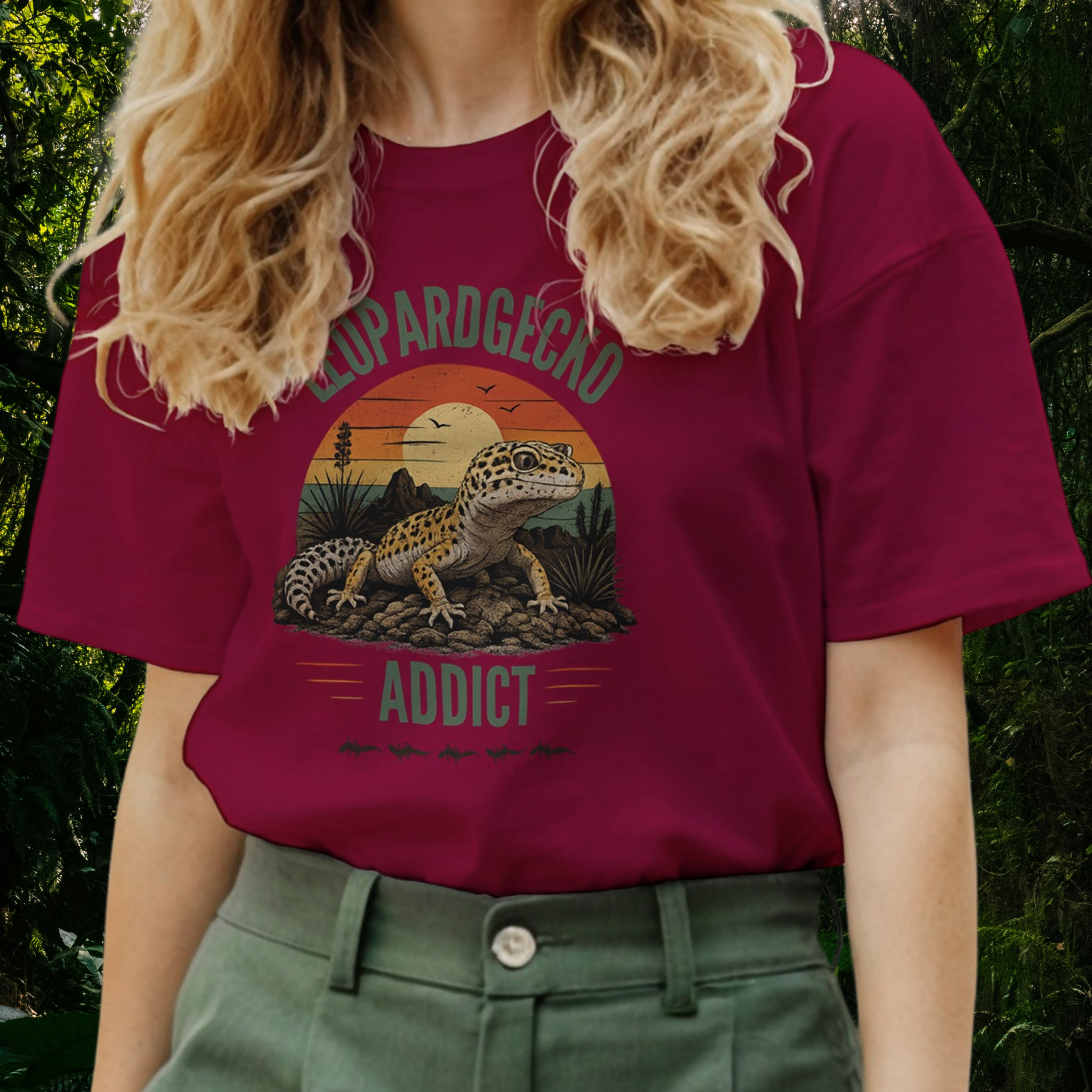 Woman wearing a cardinal red Leopard Gecko Addict shirt