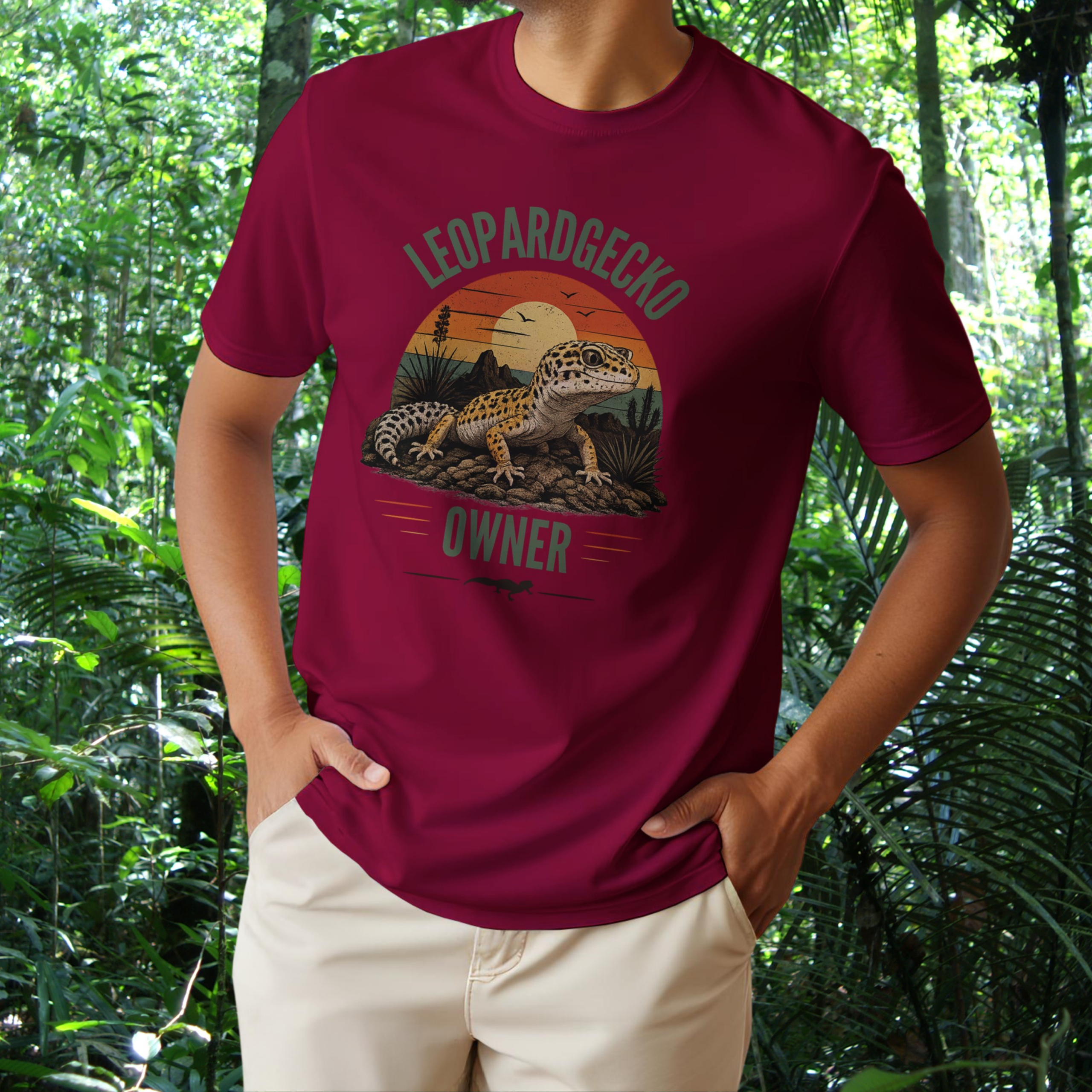 Man wearing a cardinal red Leopard Gecko Owner shirt