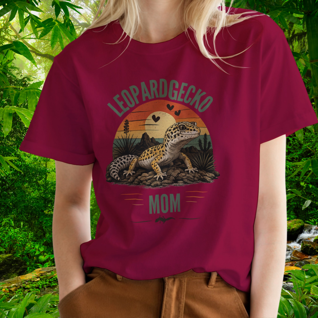Woman wearing a cardinal red Leopard Gecko Mom shirt
