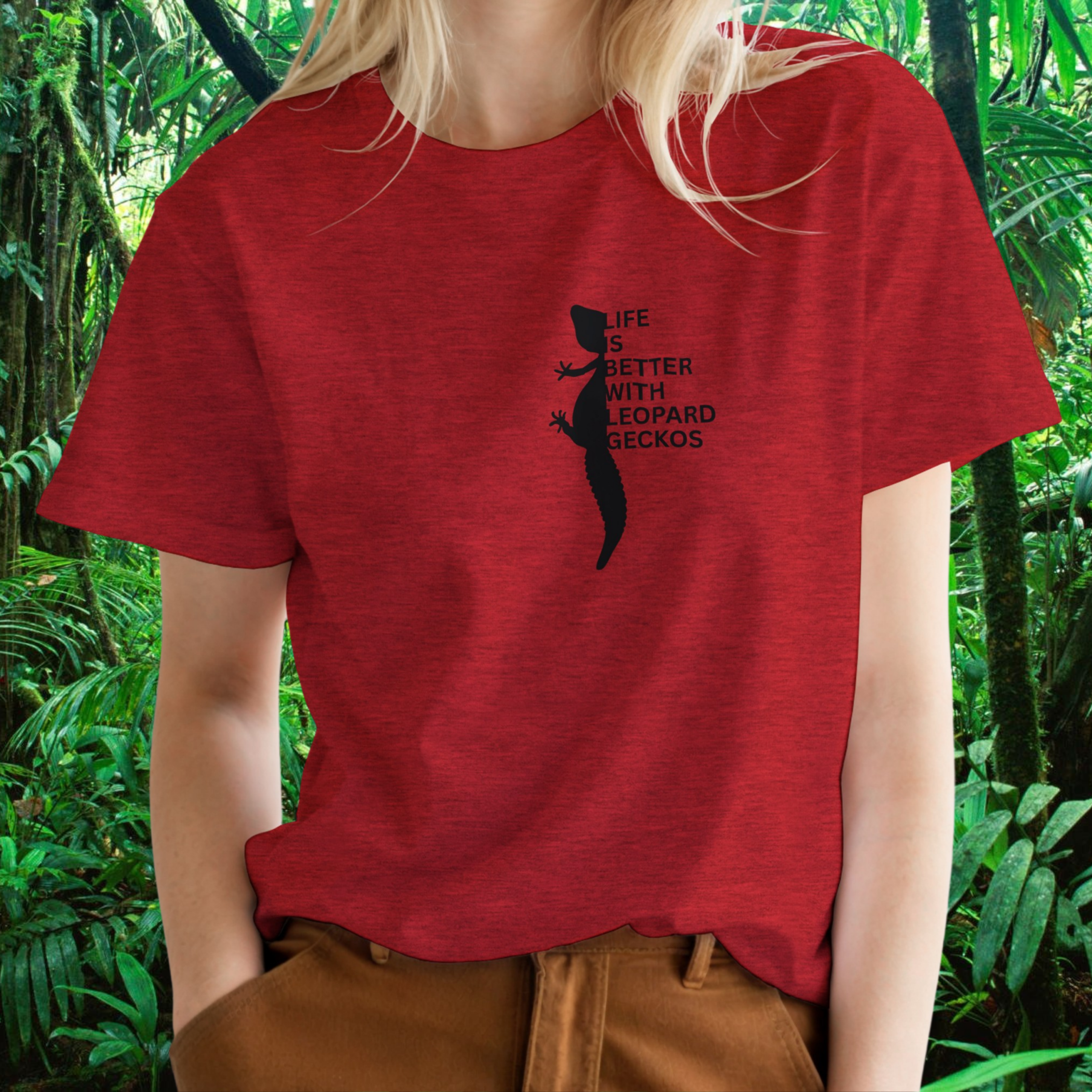 Woman wearing a heather red Leopard Gecko shirt from the Life is better Collection