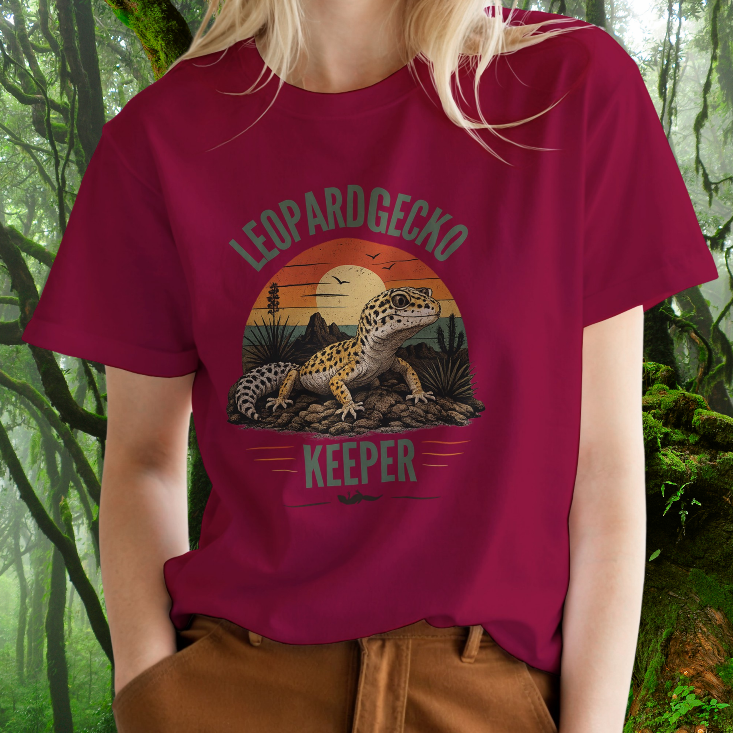 Woman wearing a cardinal red Leopard Gecko Keeper shirt