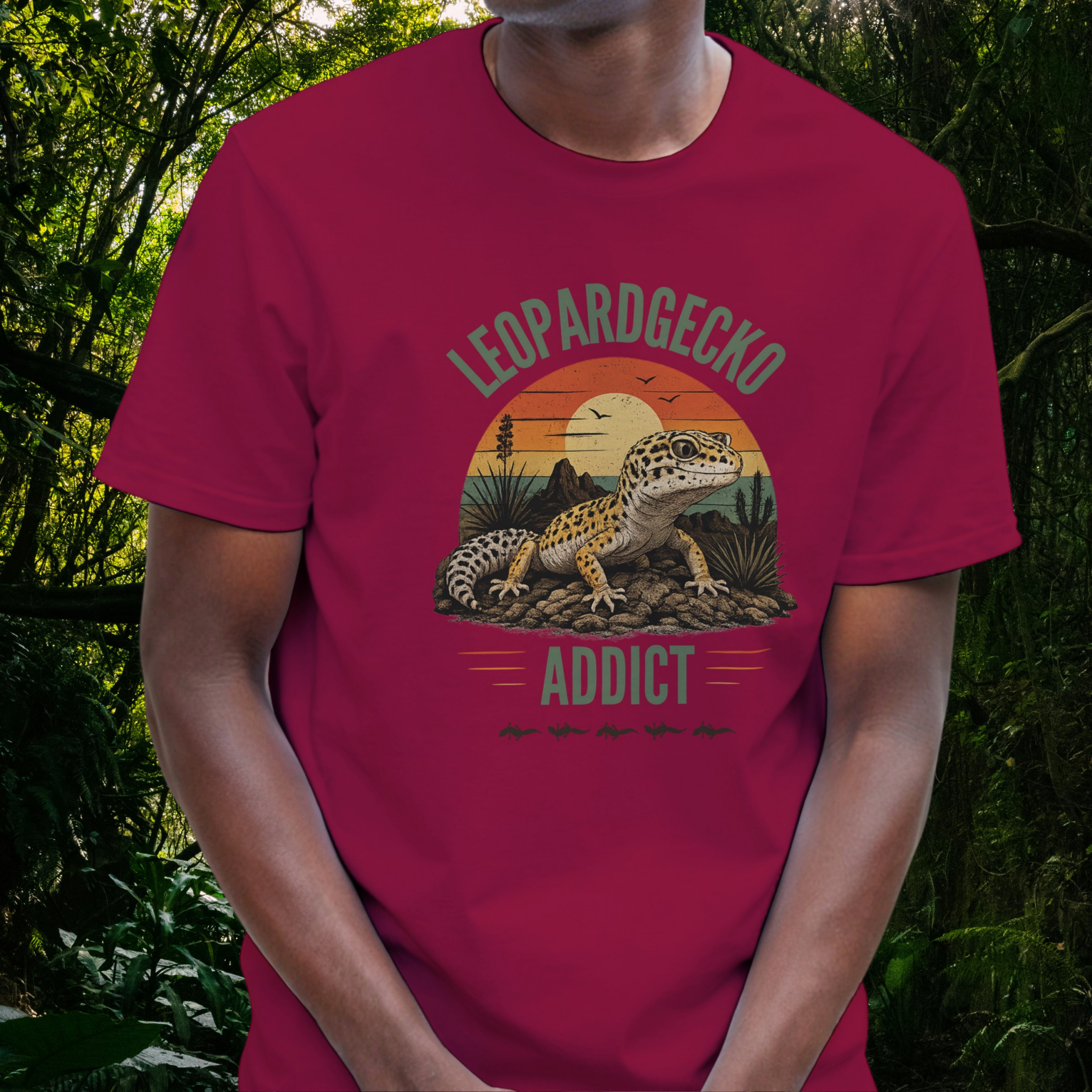 Man wearing a cardinal red Leopard Gecko Addict shirt