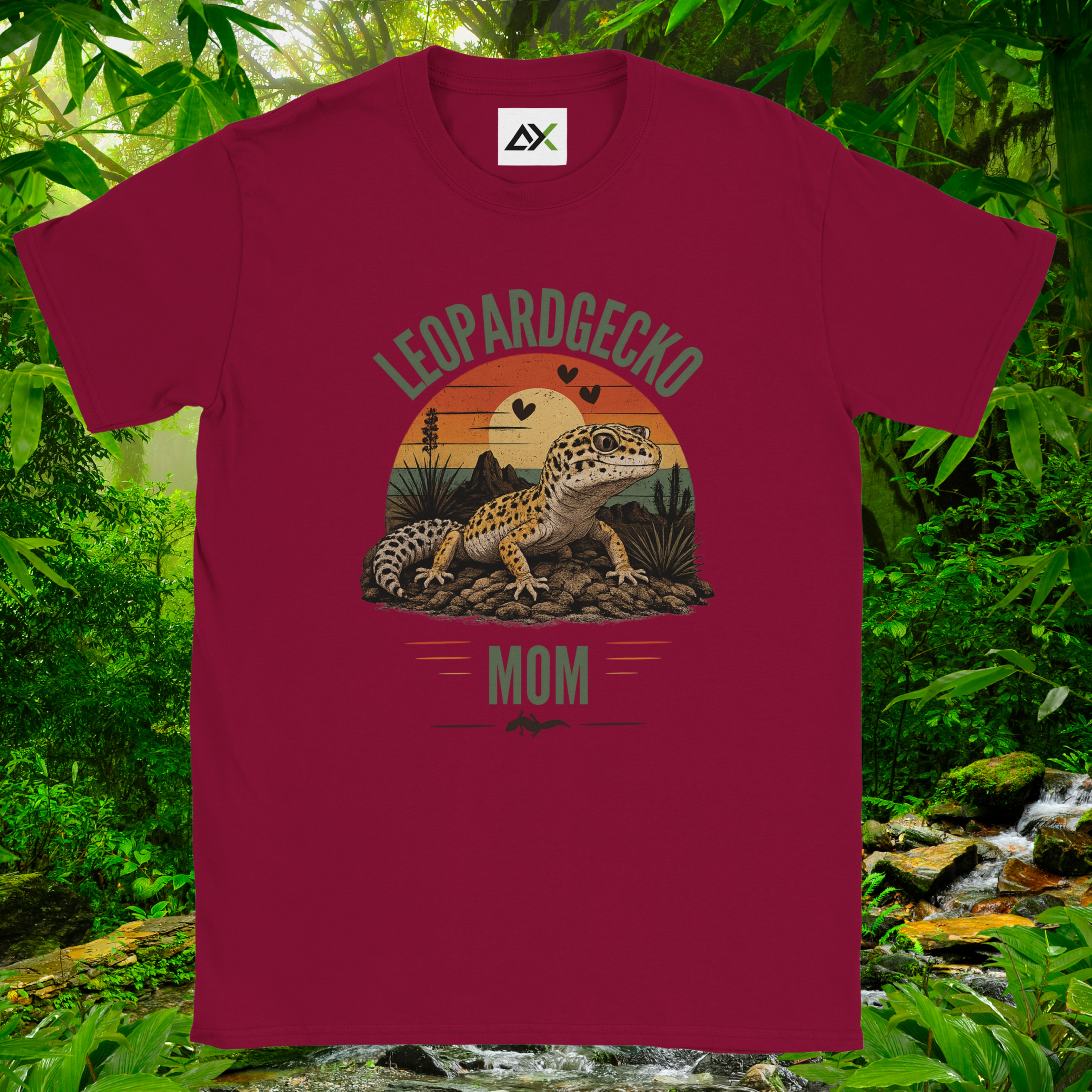 Cardinal red Leopard Gecko Mom shirt with sunset design