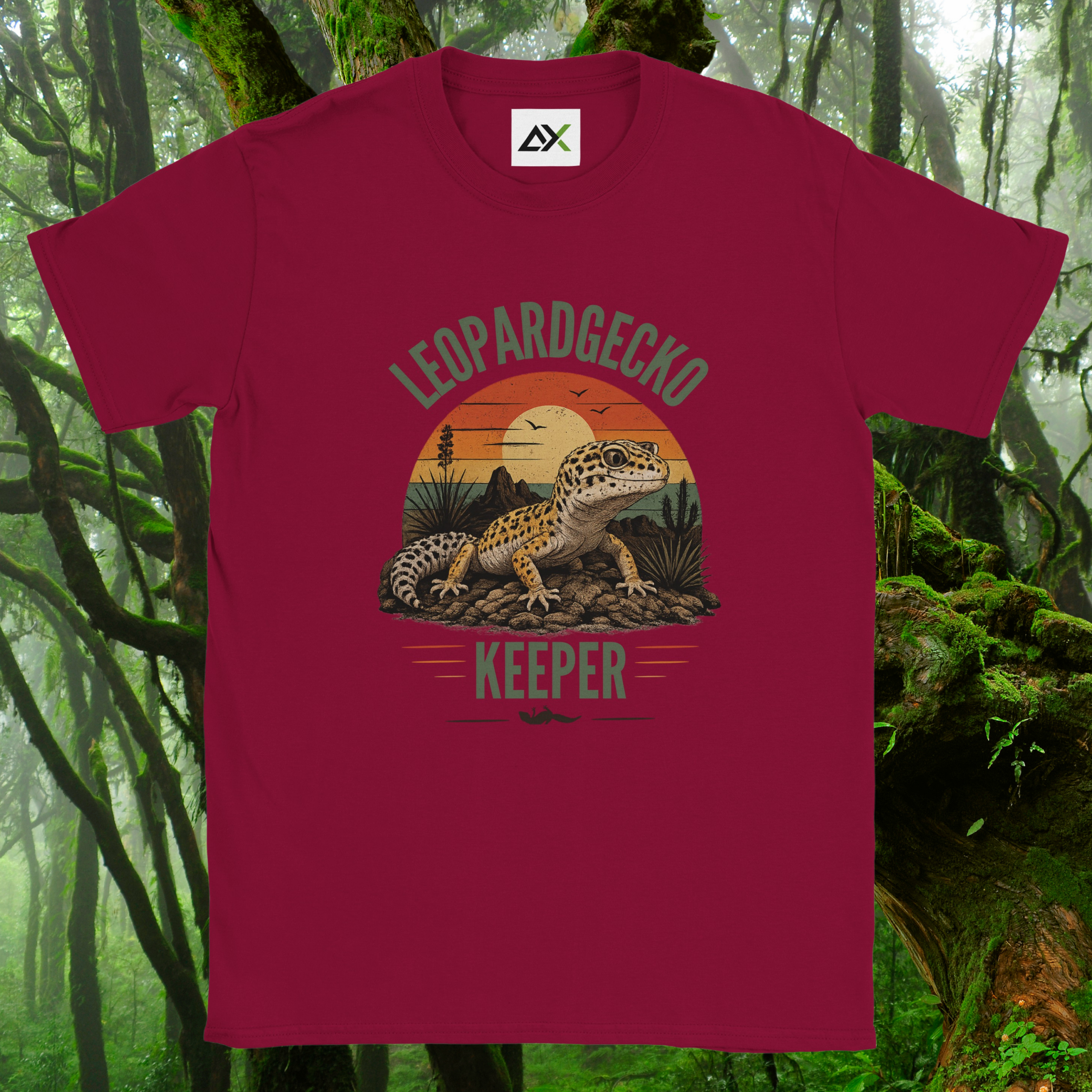 Cardinal red Leopard Gecko Keeper shirt with retro sunset design