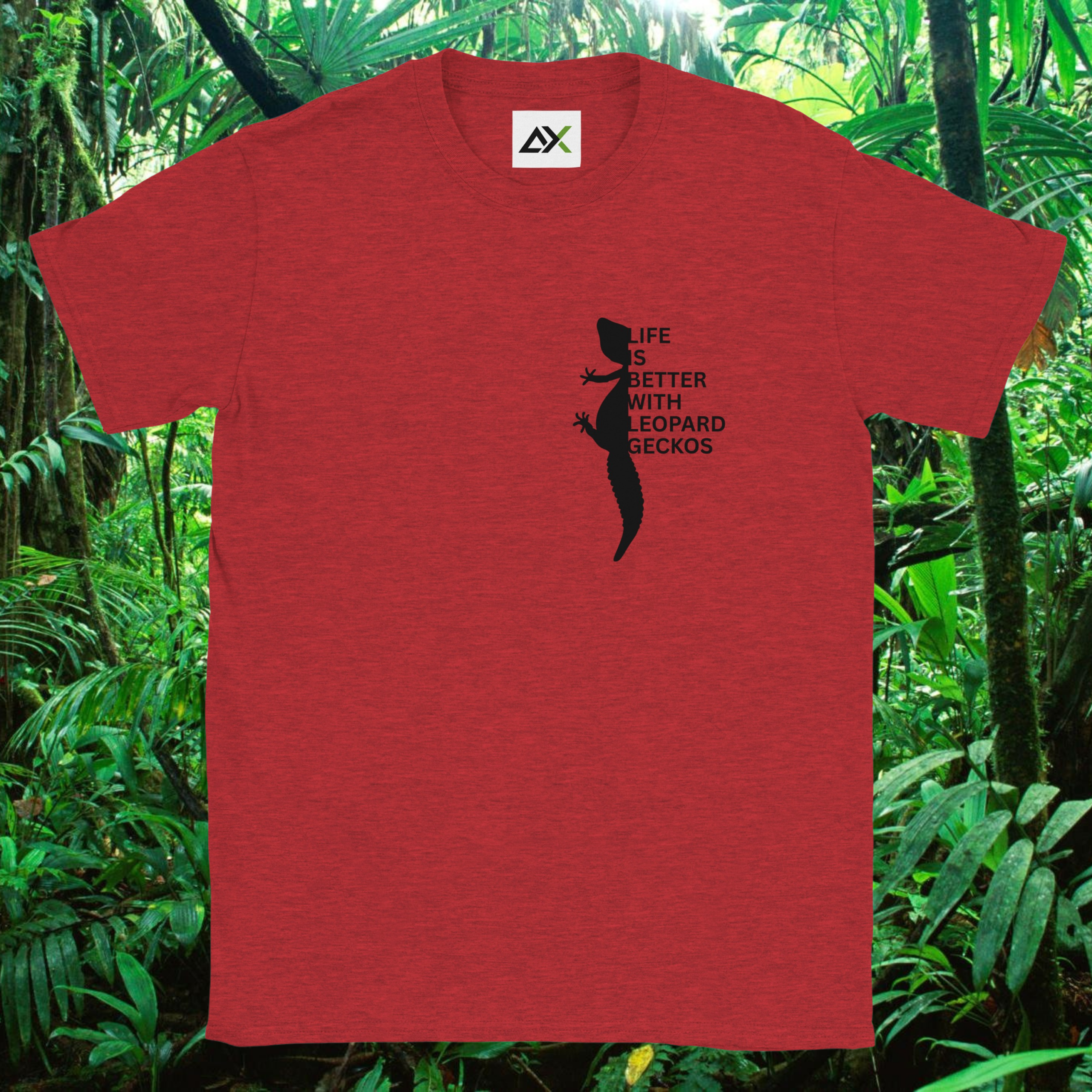 Heather red Leopard Gecko shirt from the Life is better Collection