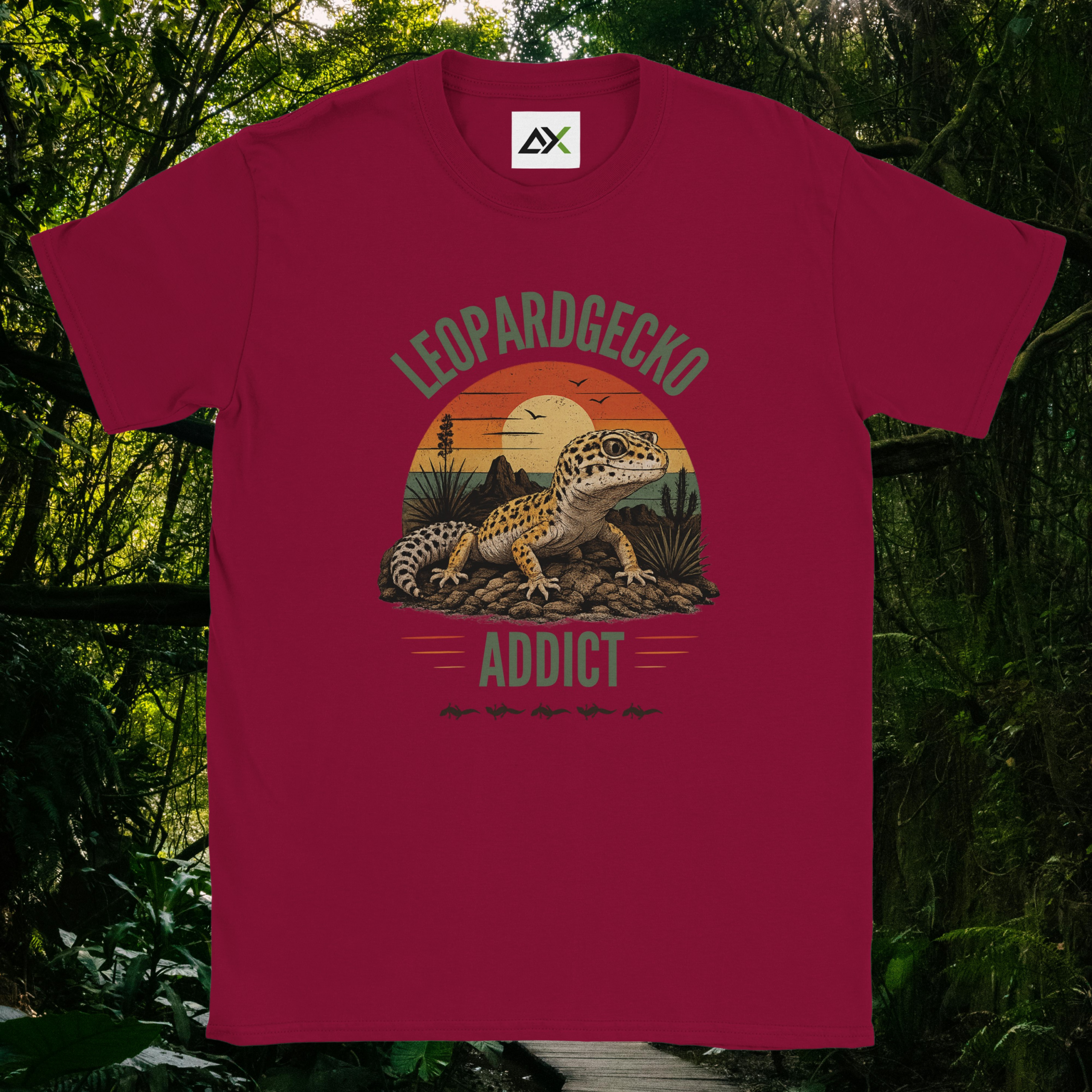 Cardinal red Leopard Gecko Addict shirt with sunset design