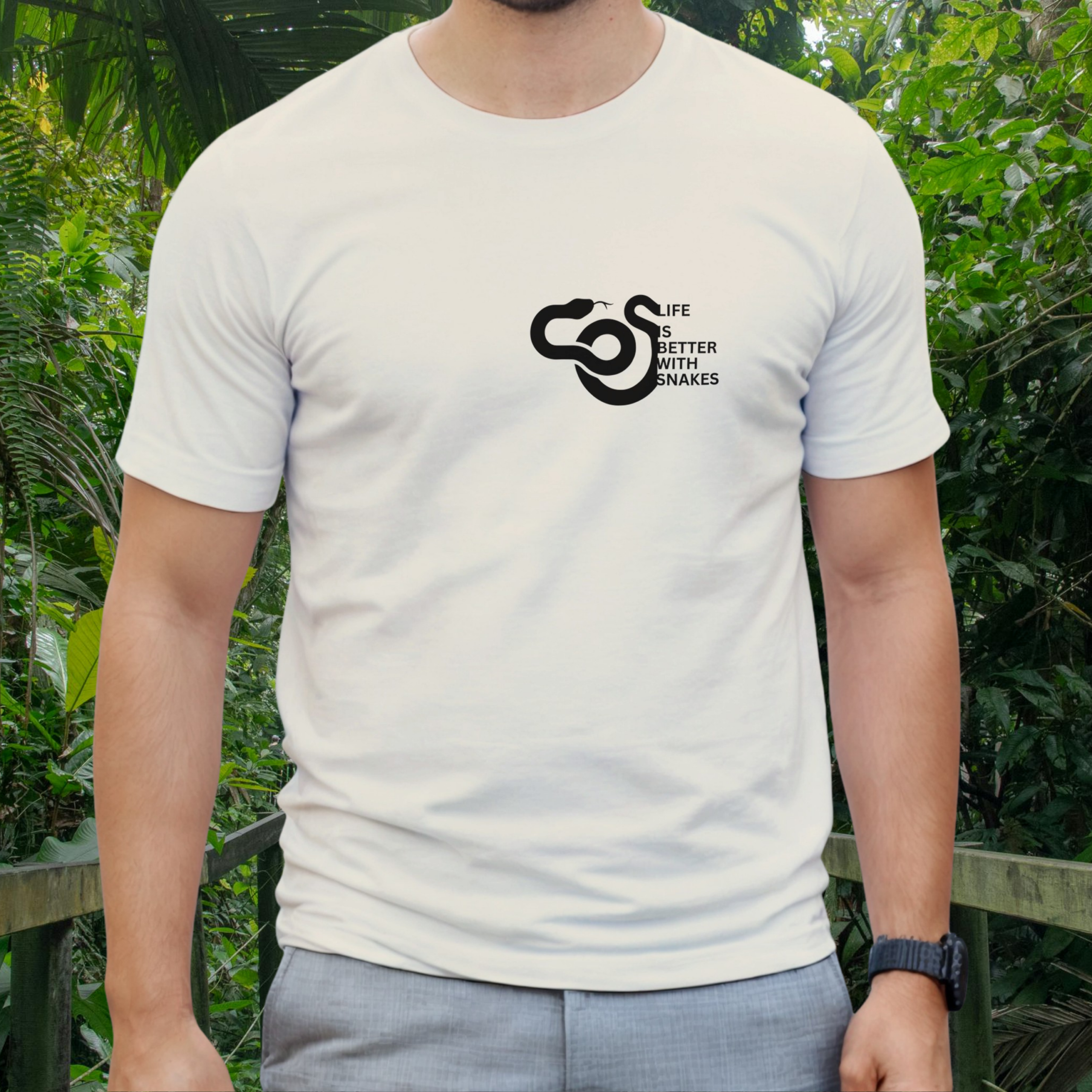 Man wearing a natural Snakes shirt from the Life is better Collection