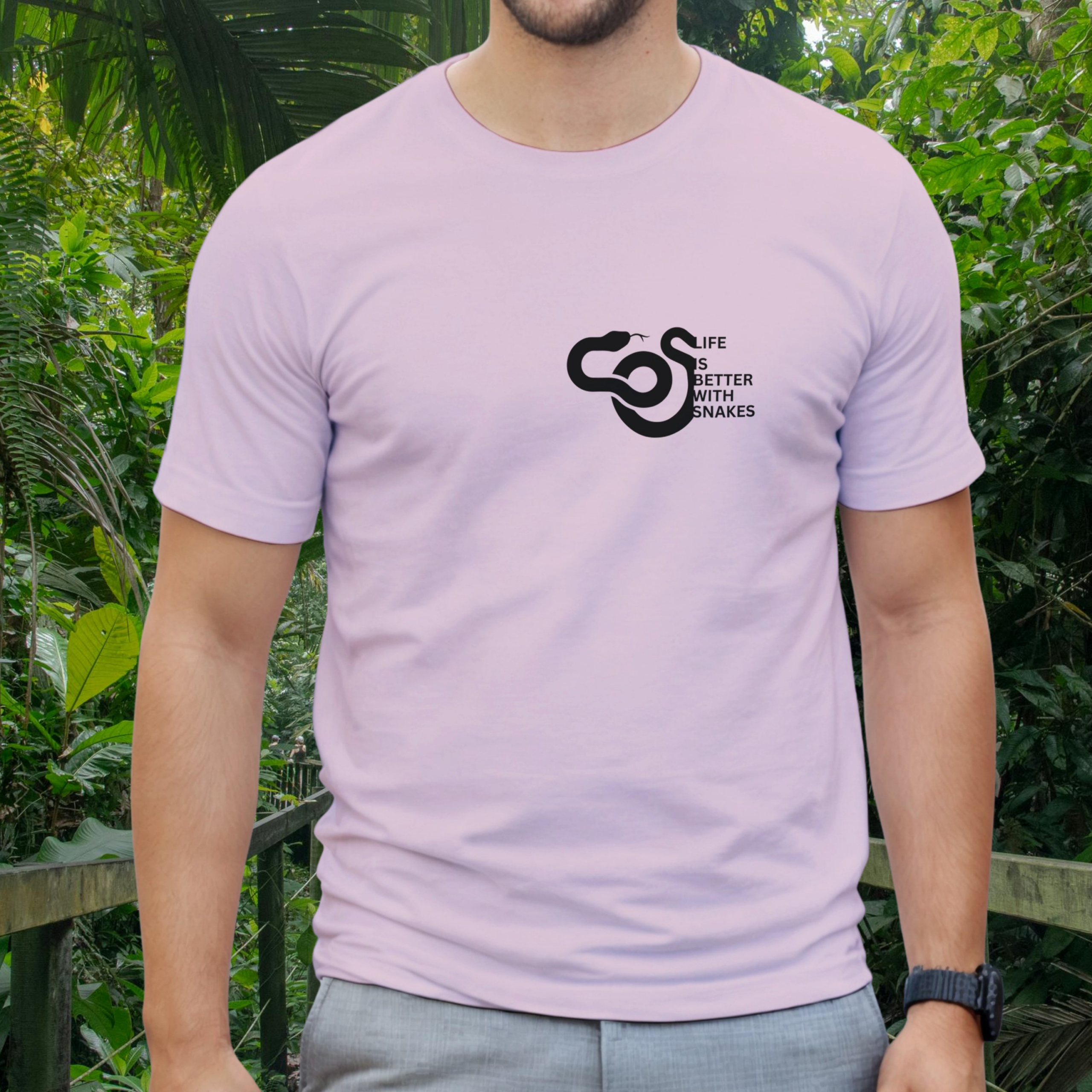 Man wearing a light pink Snakes shirt from the Life is better Collection