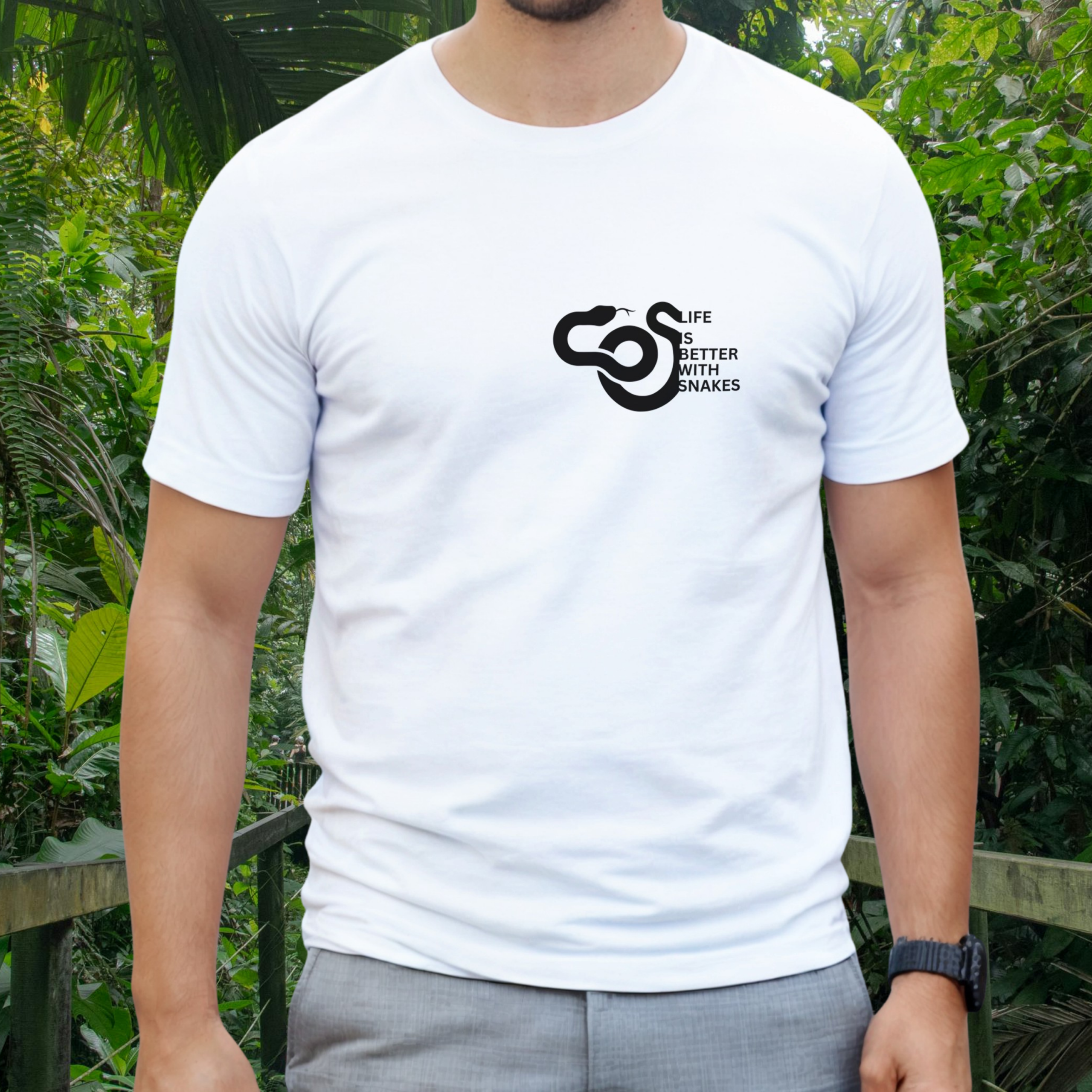 Man wearing a white Snakes shirt from the Life is better Collection