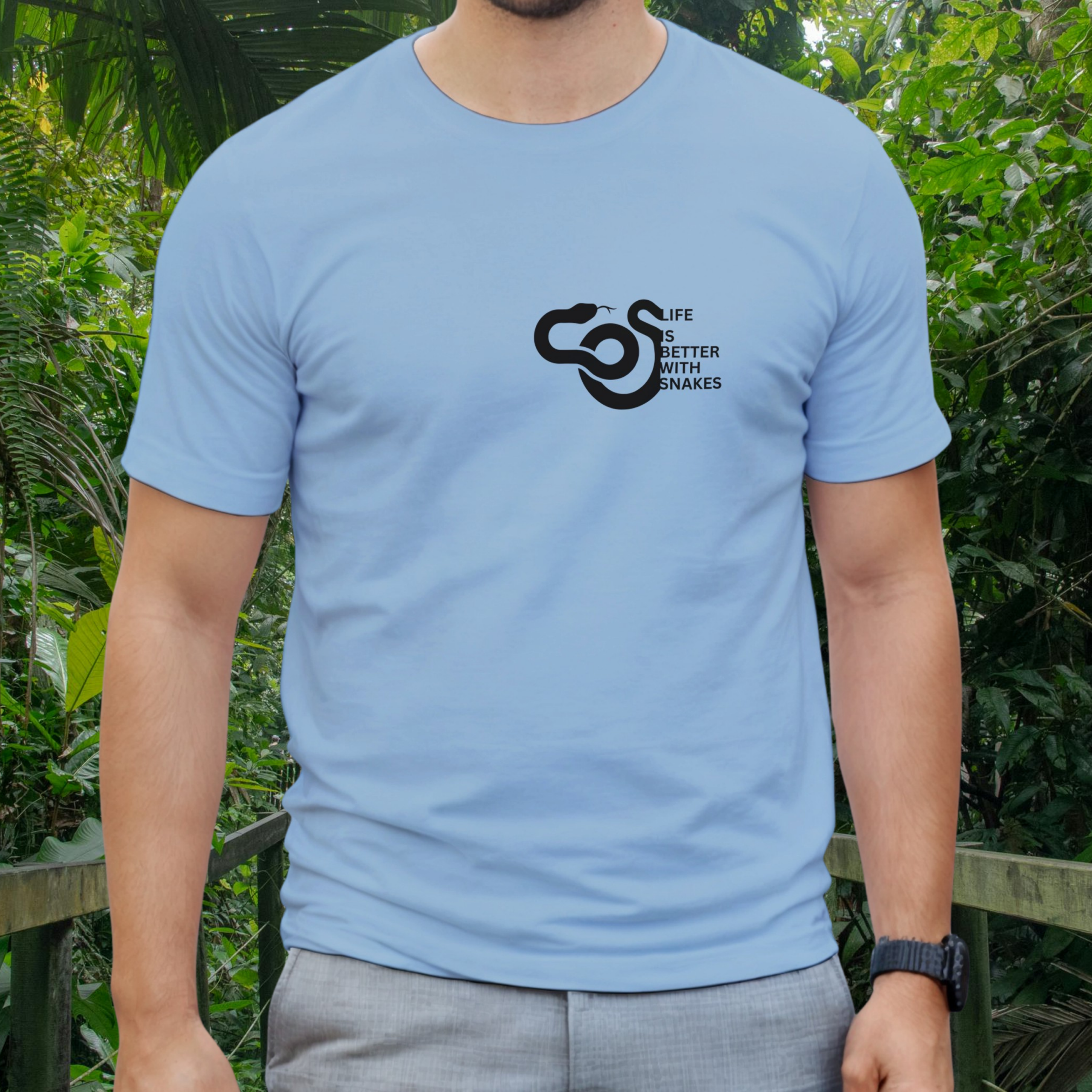 Man wearing a light blue Snakes shirt from the Life is better Collection