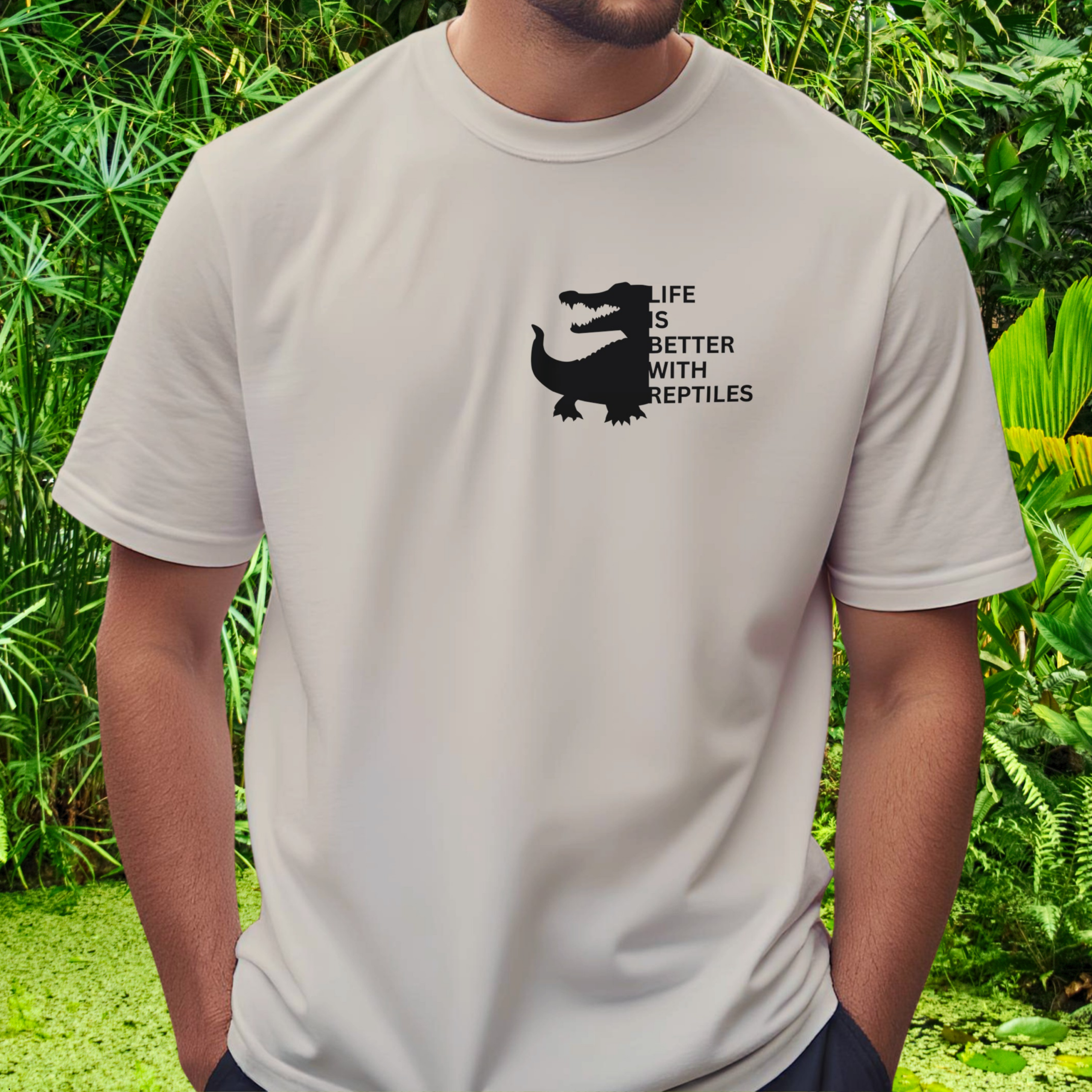 Man wearing a sand Reptile shirt from the Life is better Collection