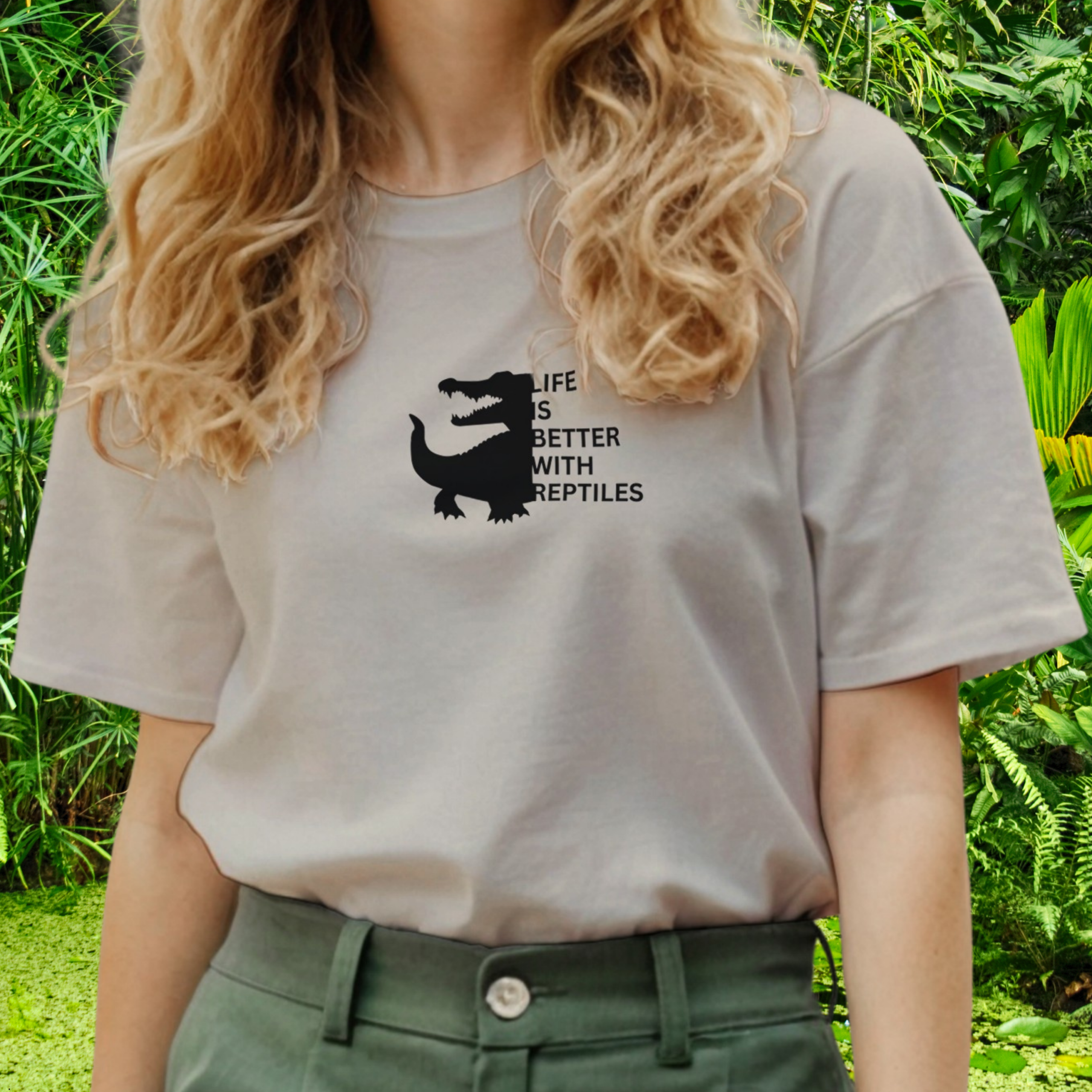 Woman wearing a sand Reptile shirt from the Life is better Collection