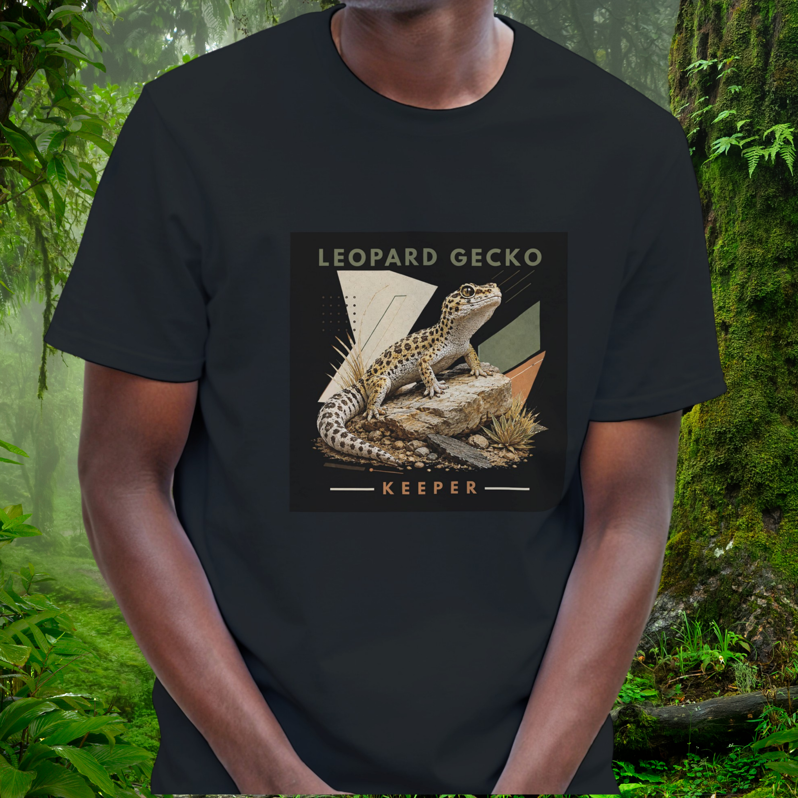 Man wearing a black Leopard Gecko shirt from the Keeper Collection