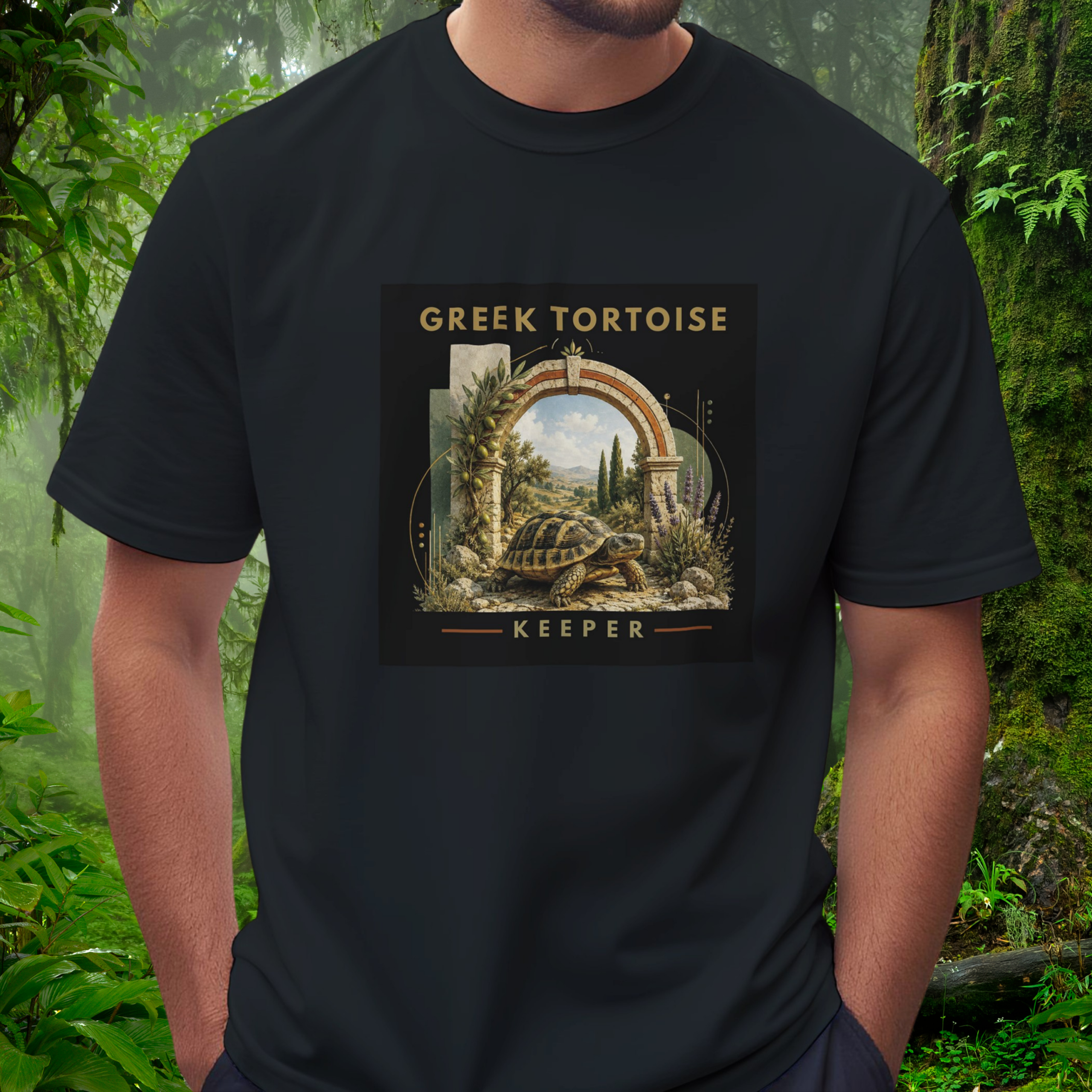 Man wearing a black Greek Tortoise shirt from the Keeper Collection