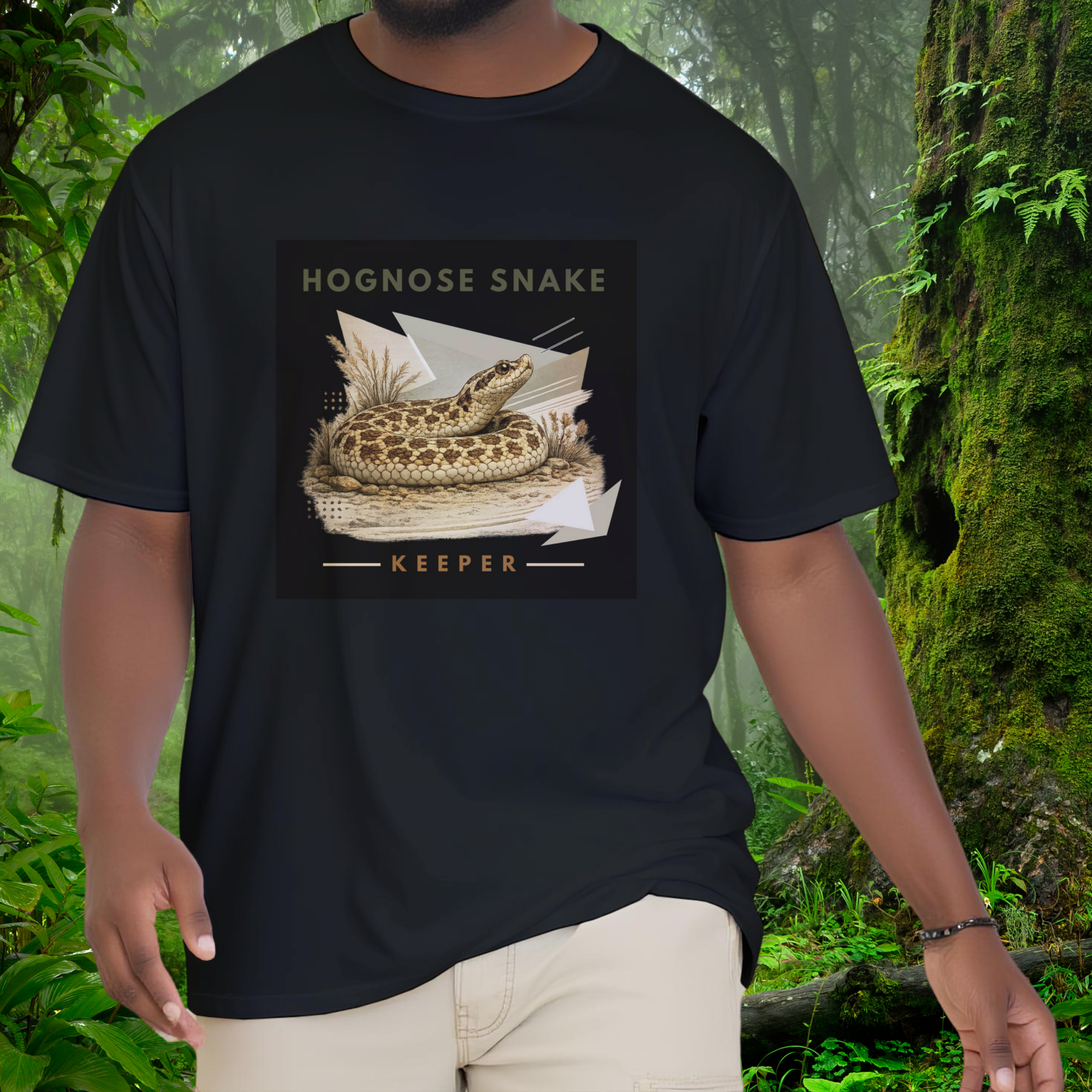 Man wearing a black Hognose Snake shirt from the Keeper Collection