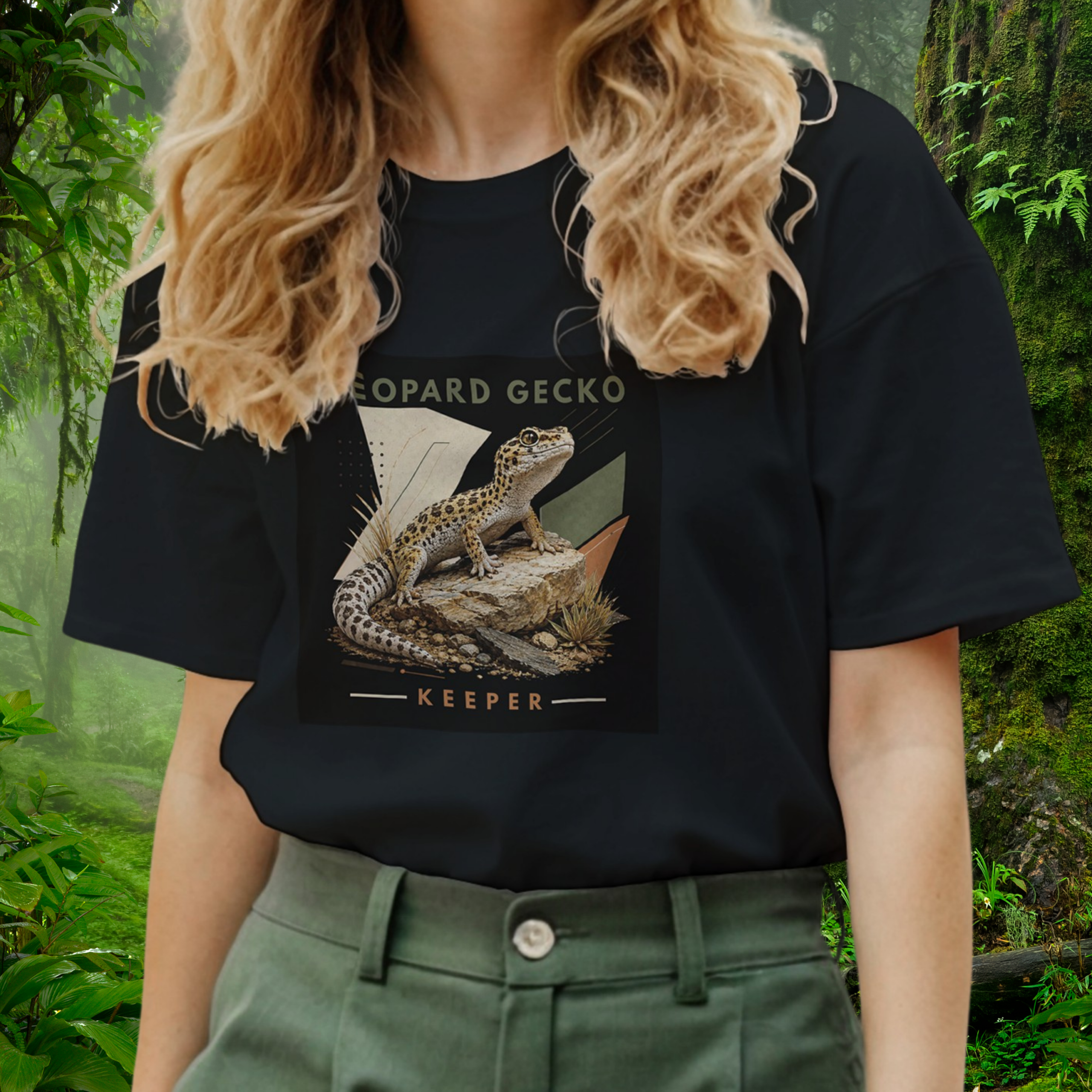 Woman wearing a black Leopard Gecko shirt from the Keeper Collection