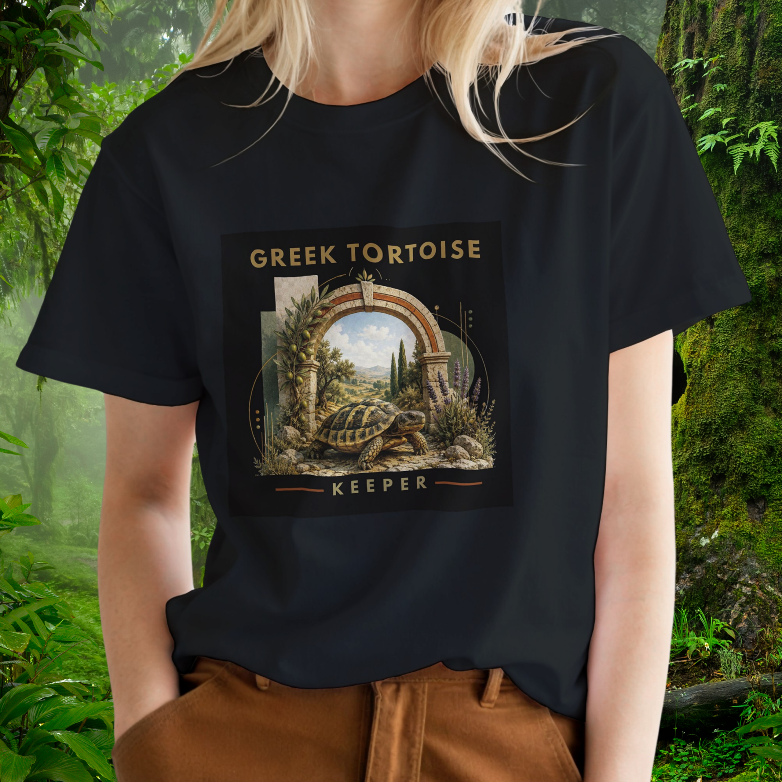 Woman wearing a black Greek Tortoise shirt from the Keeper Collection