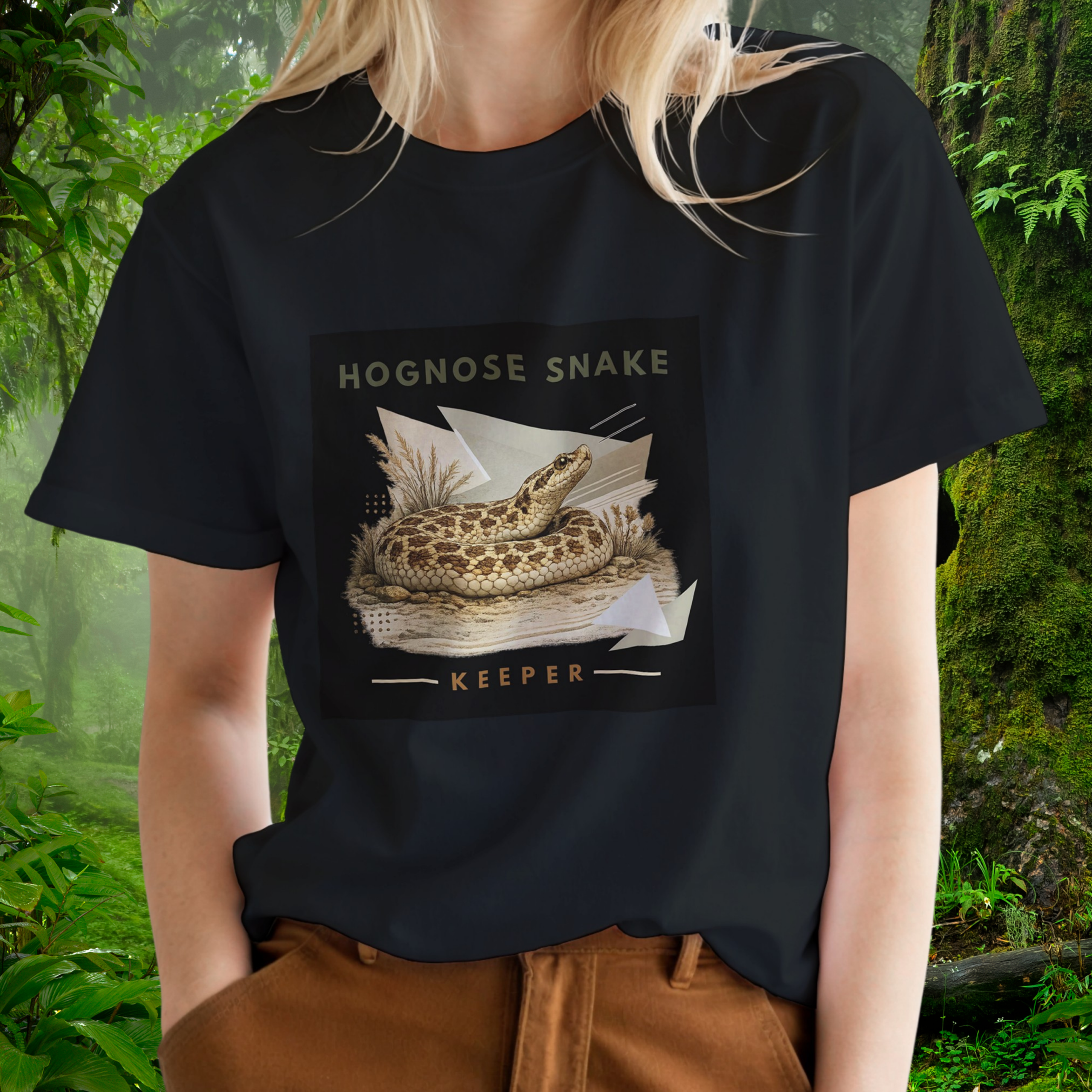 Woman wearing a black Hognose Snake shirt from the Keeper Collection