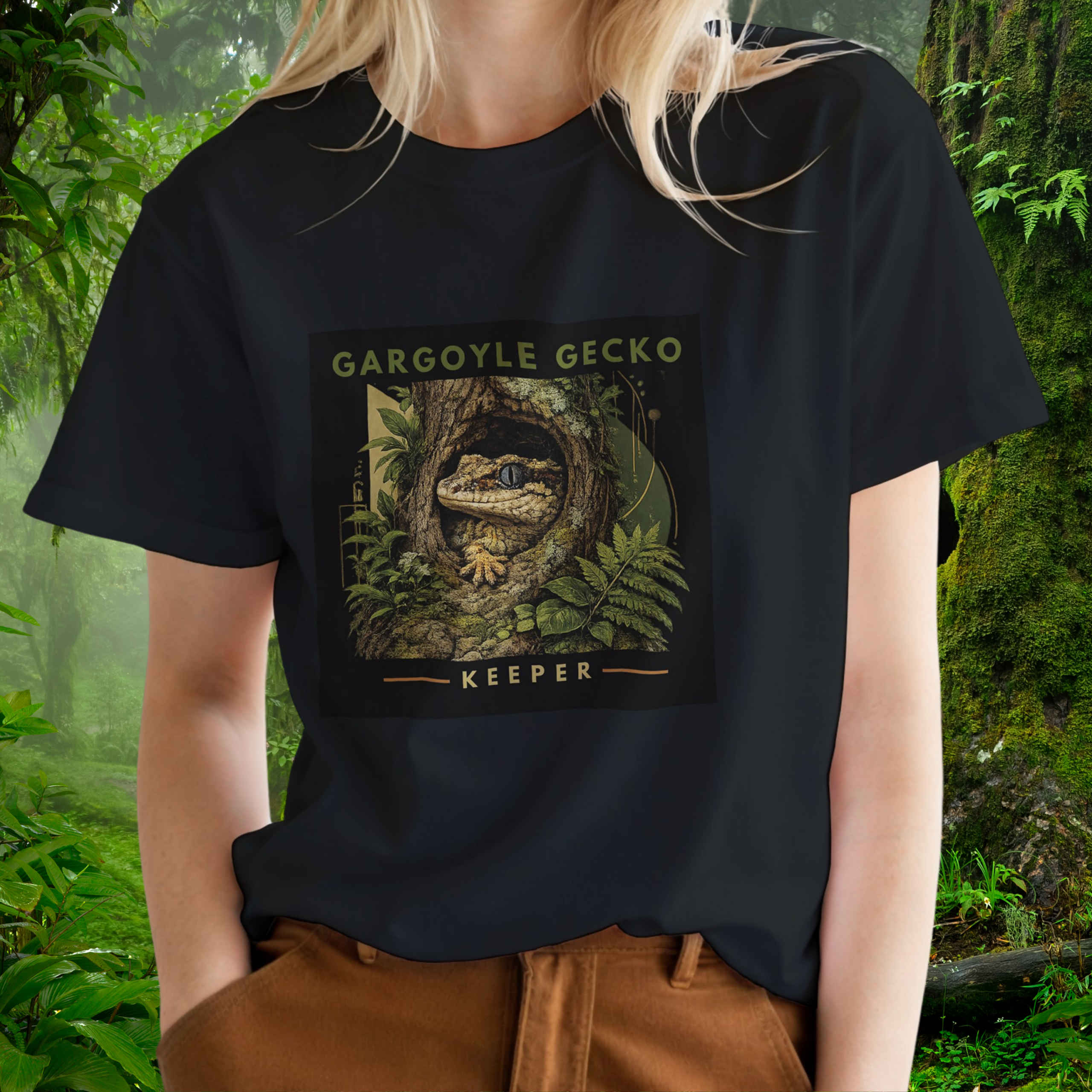 Woman wearing a black Gargoyle Gecko shirt from the Keeper Collection