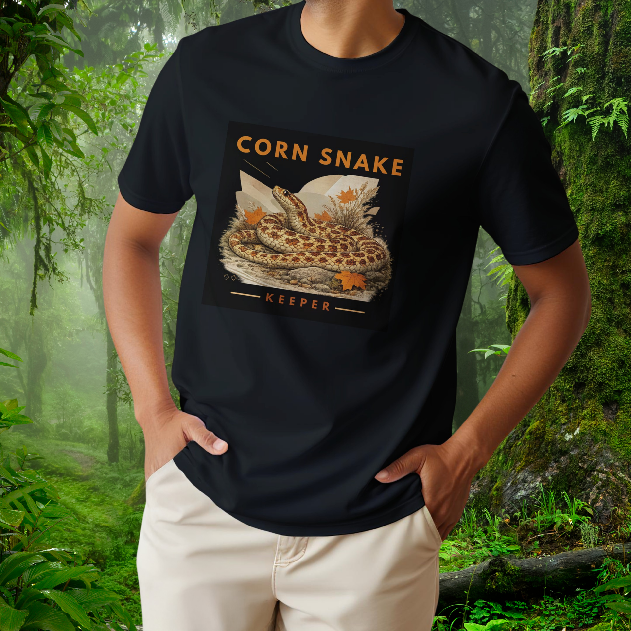 Man wearing a black Corn Snake shirt from the Keeper Collection