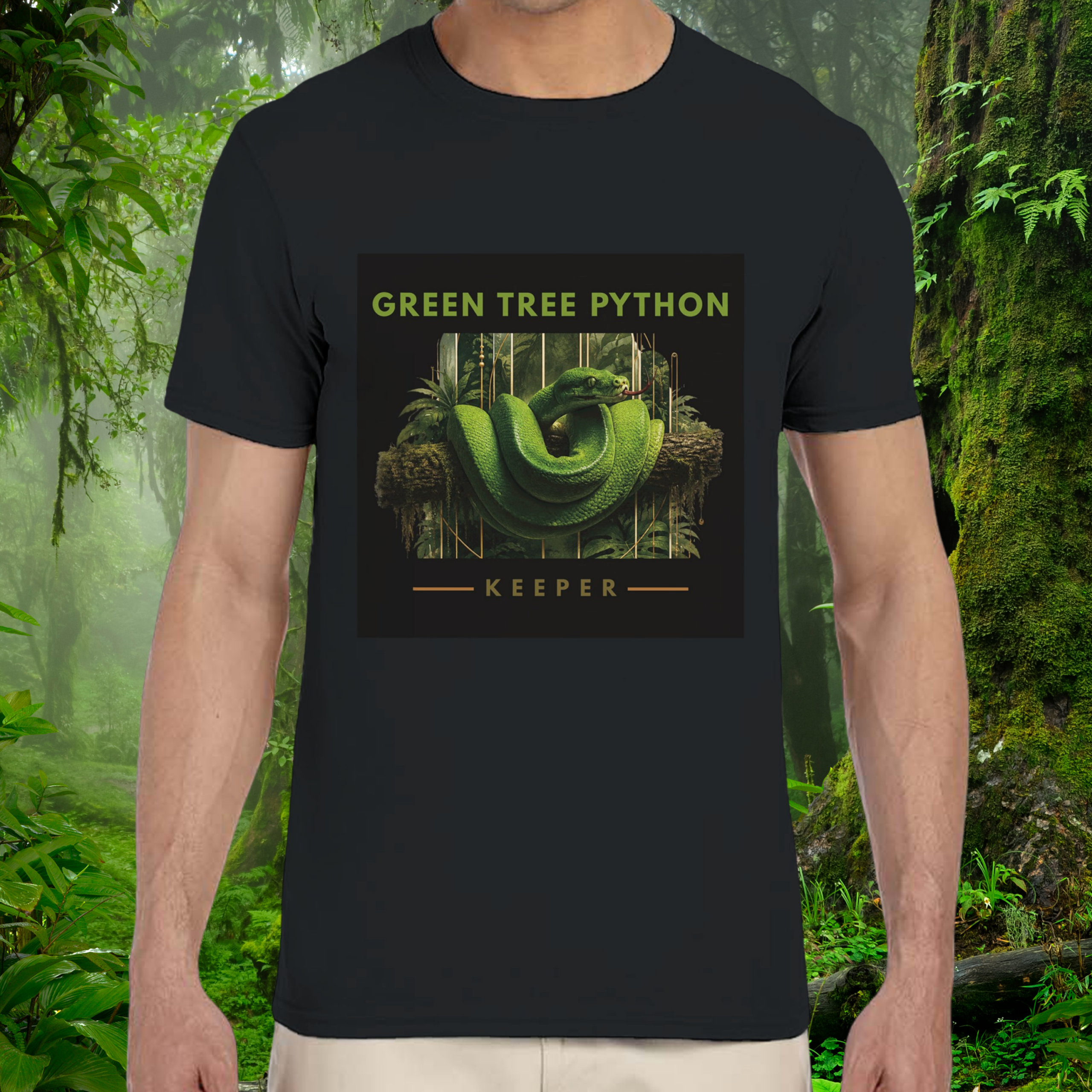 Man wearing a black Green Tree Python shirt from the Keeper Collection