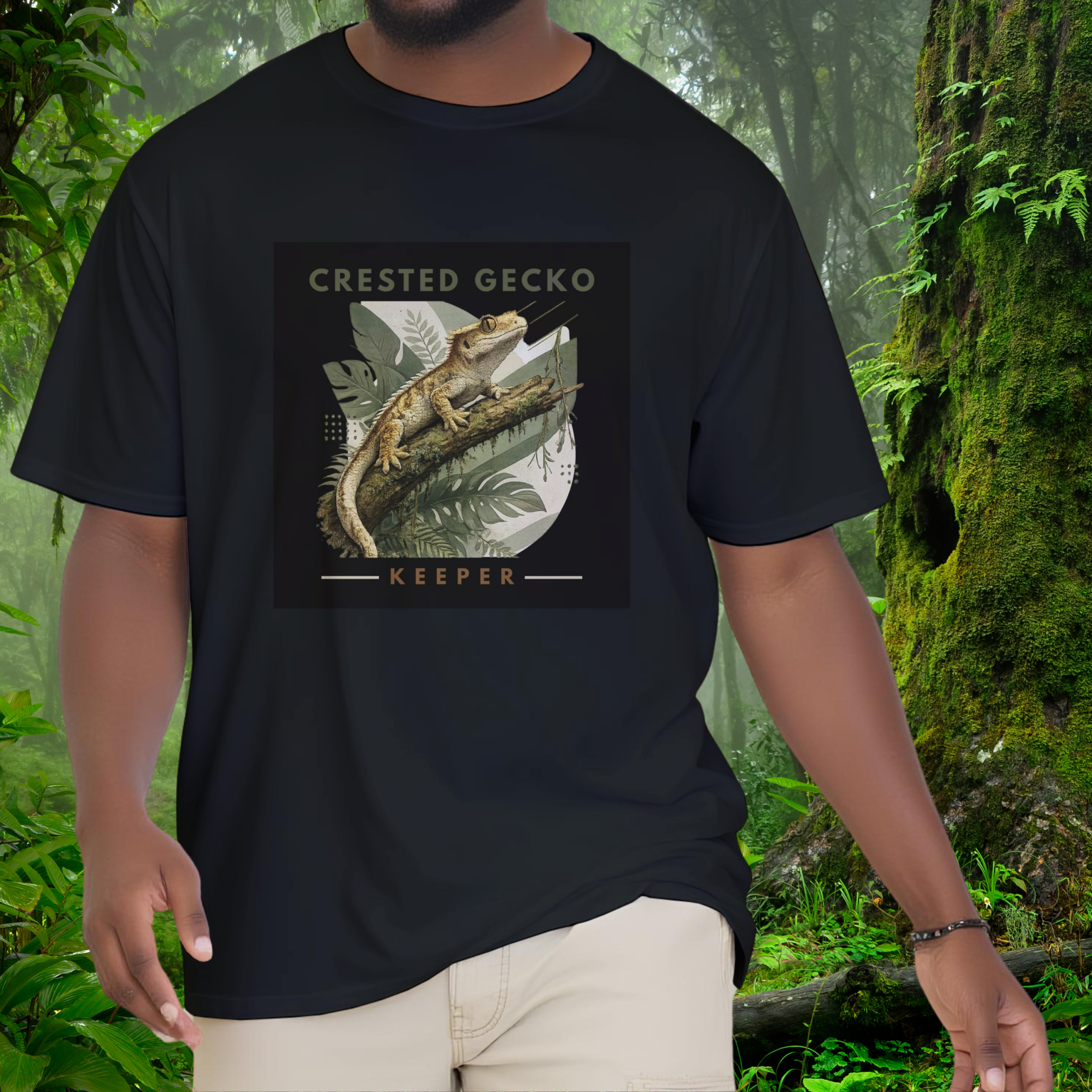 Man wearing a black Crested Gecko shirt from the Keeper Collection