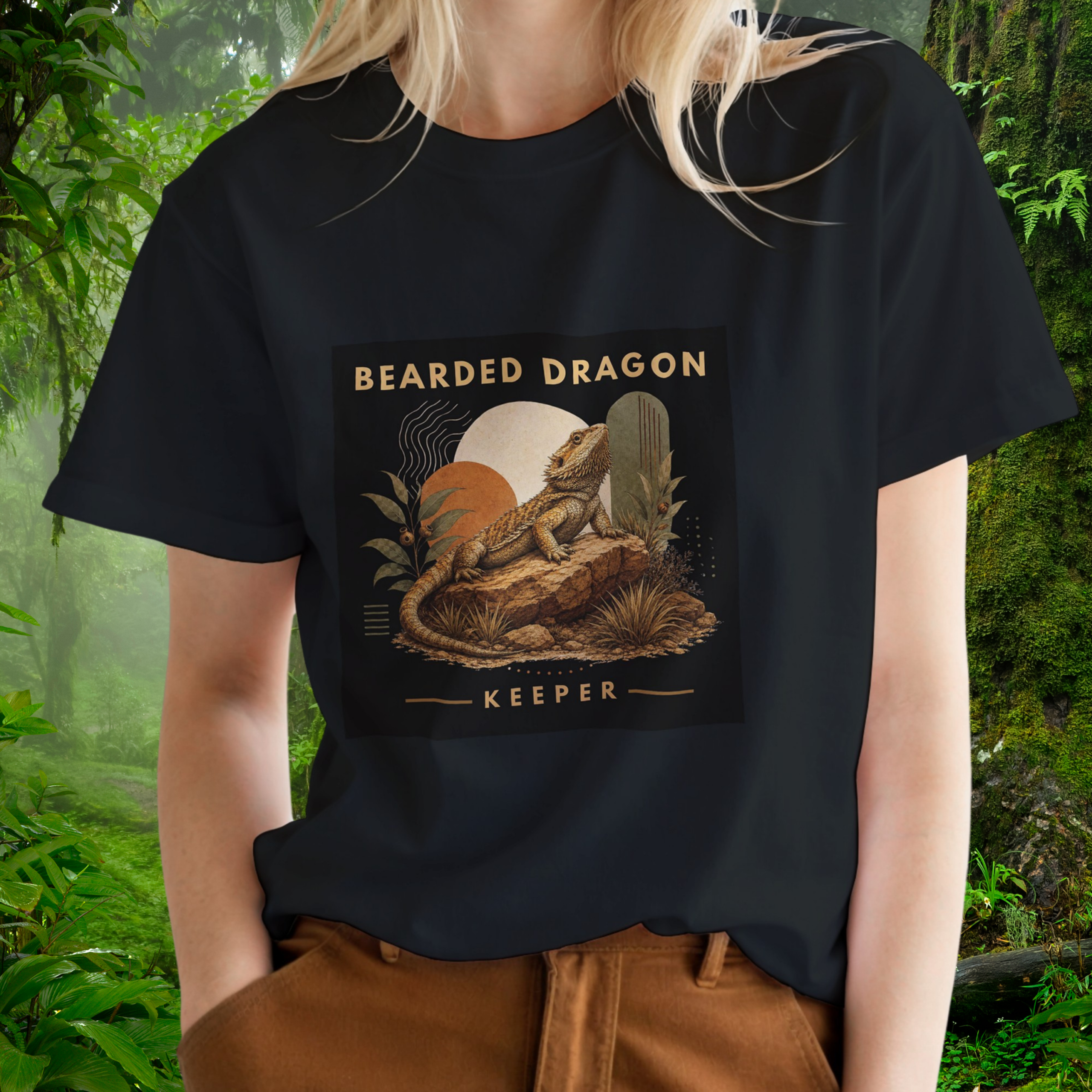 Woman wearing a black Bearded Dragon shirt from the Keeper Collection