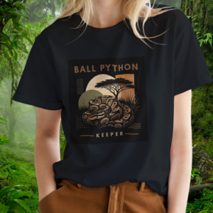 Keeper Collection – Ball Python Shirt – Black – Woman Woman wearing a black Ball Python shirt from the Keeper Collection
