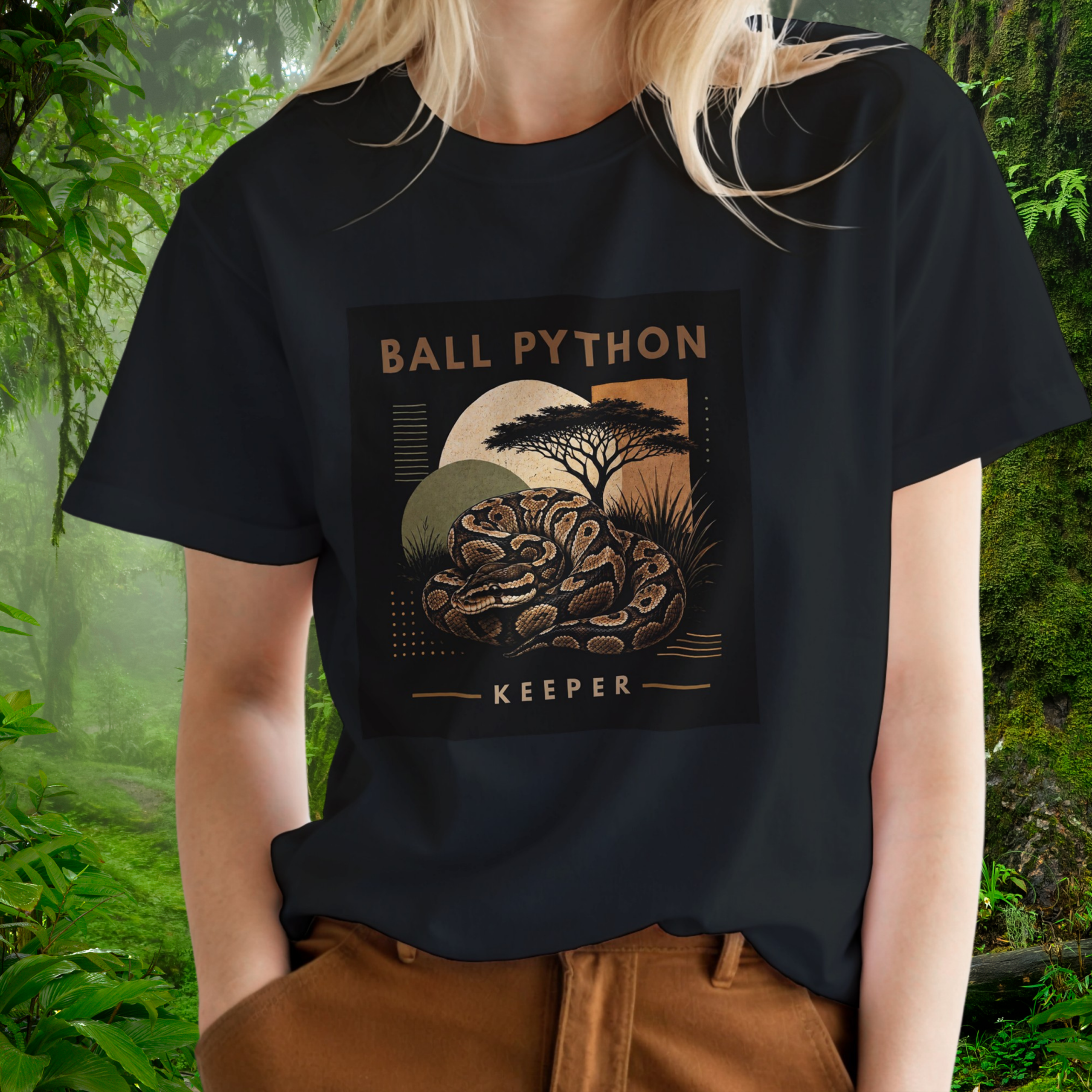 Woman wearing a black Ball Python shirt from the Keeper Collection