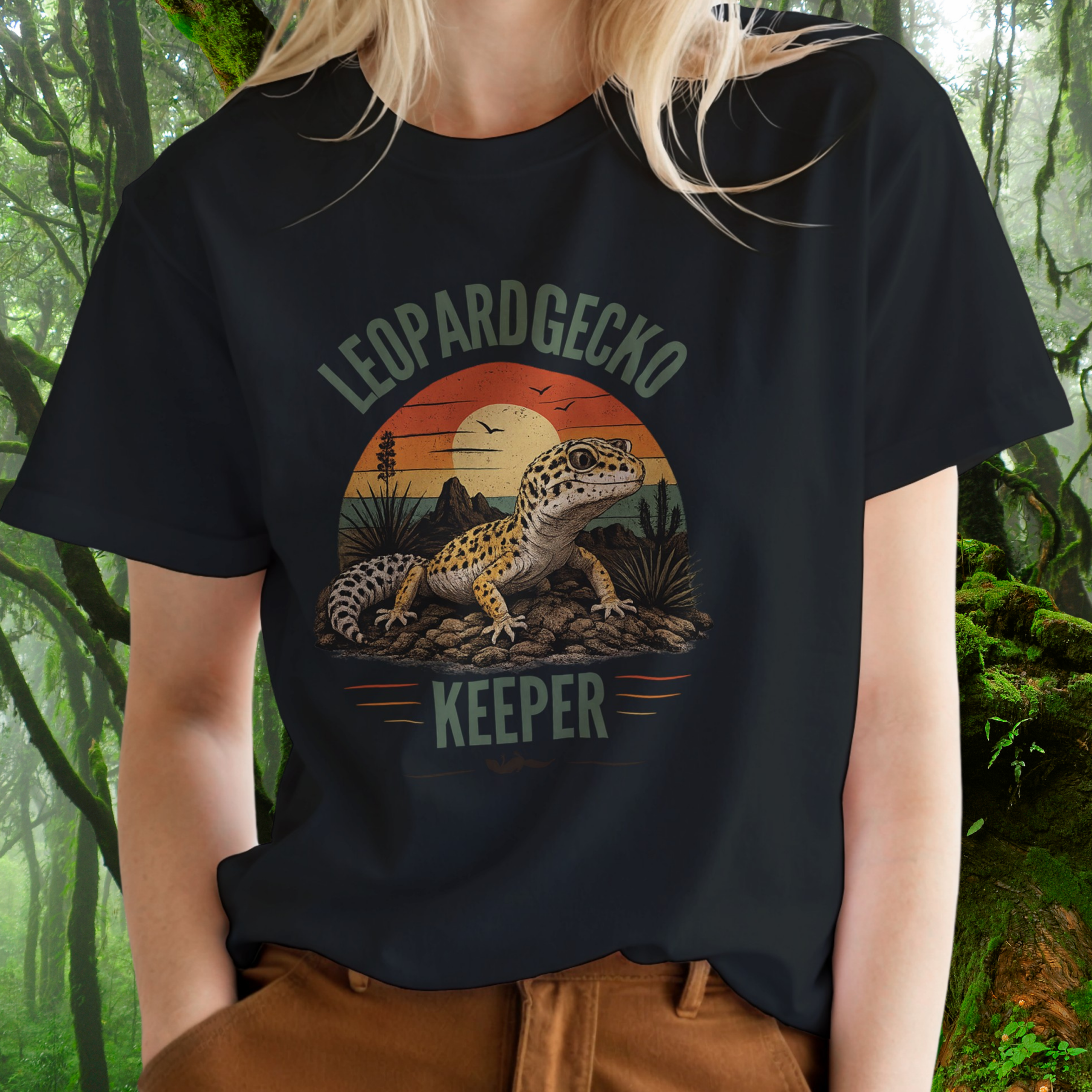 Woman wearing a black Leopard Gecko Keeper shirt