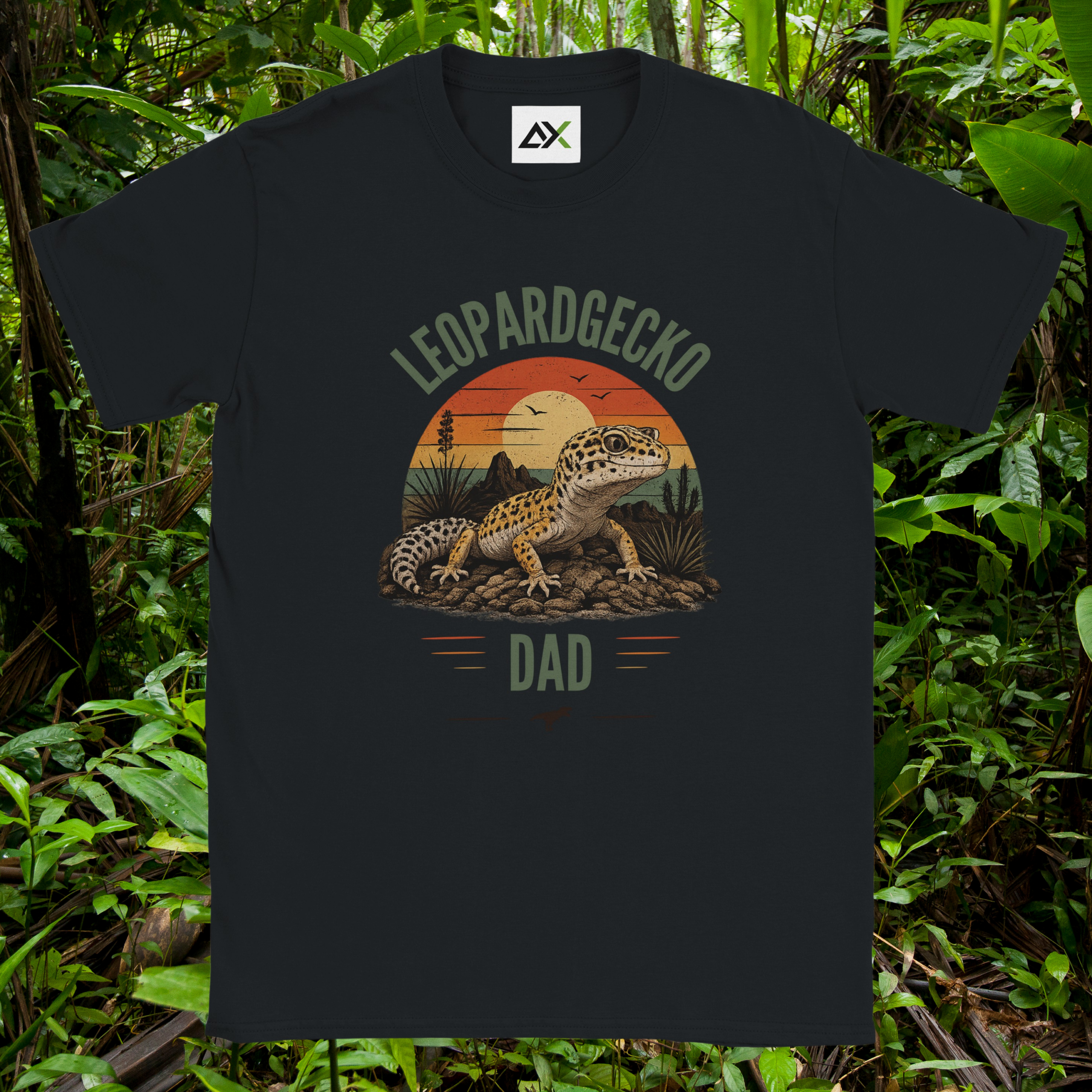 Black Leopard Gecko Dad shirt with retro sunset design