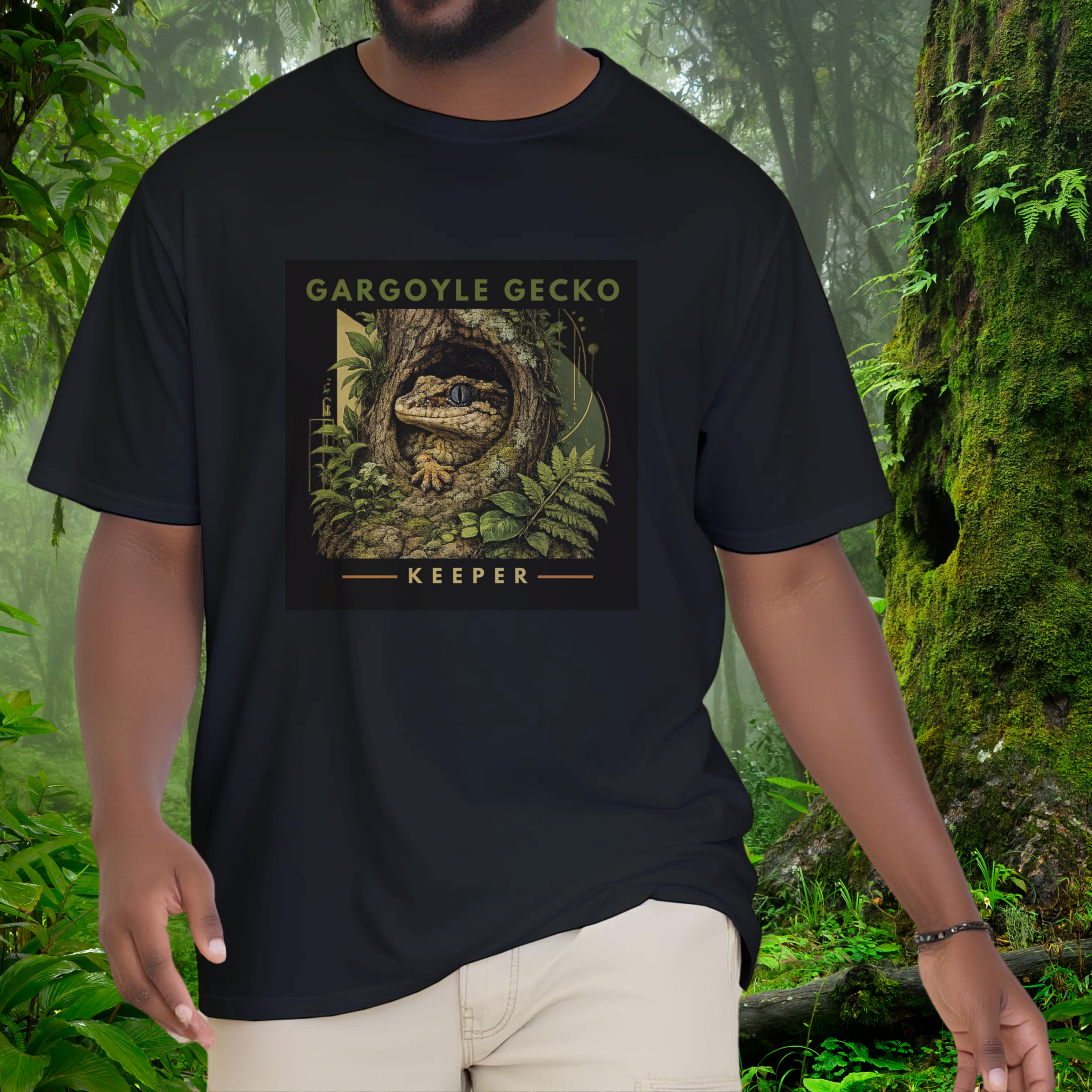 Man wearing a black Gargoyle Gecko shirt from the Keeper Collection
