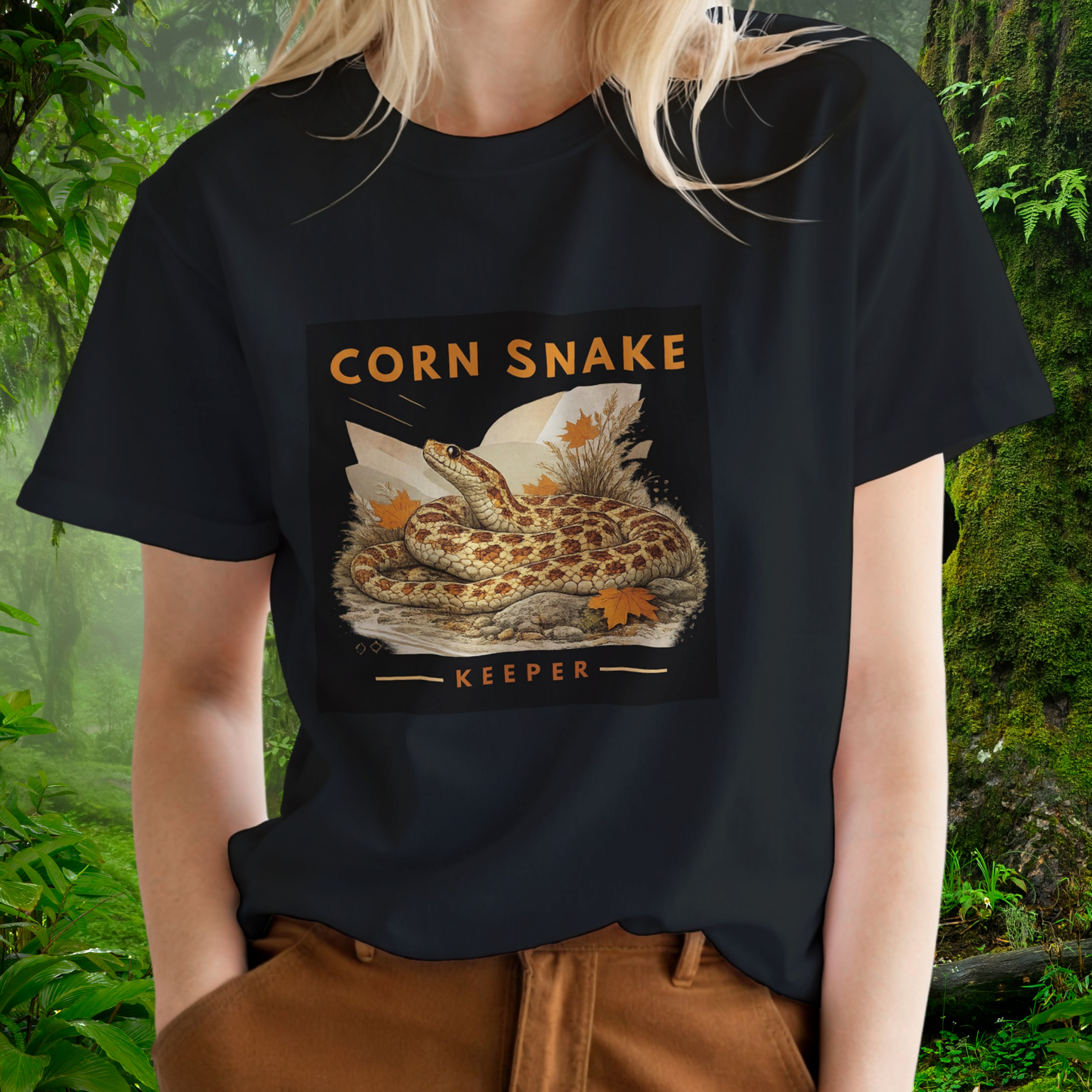 Woman wearing a black Corn Snake shirt from the Keeper Collection