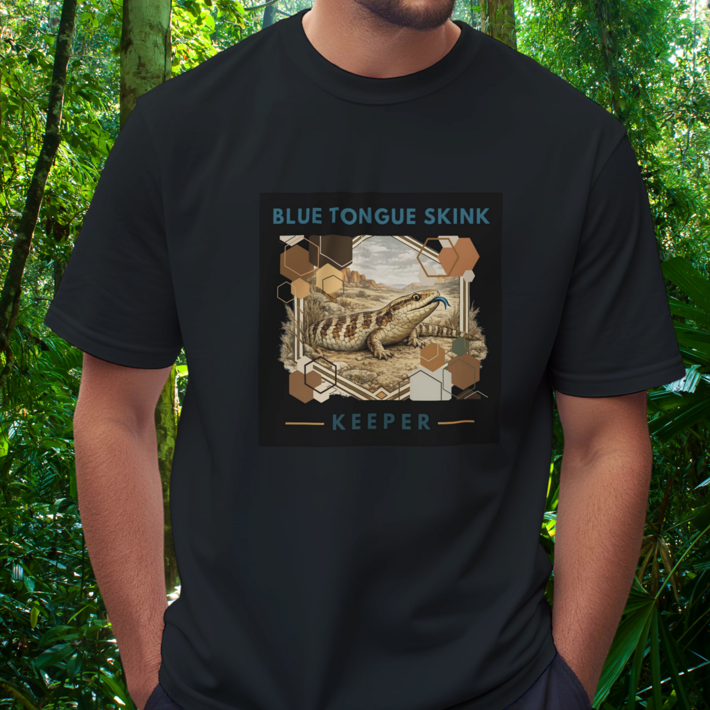 Man wearing a black Blue Tongue Skink shirt from the Keeper Collection